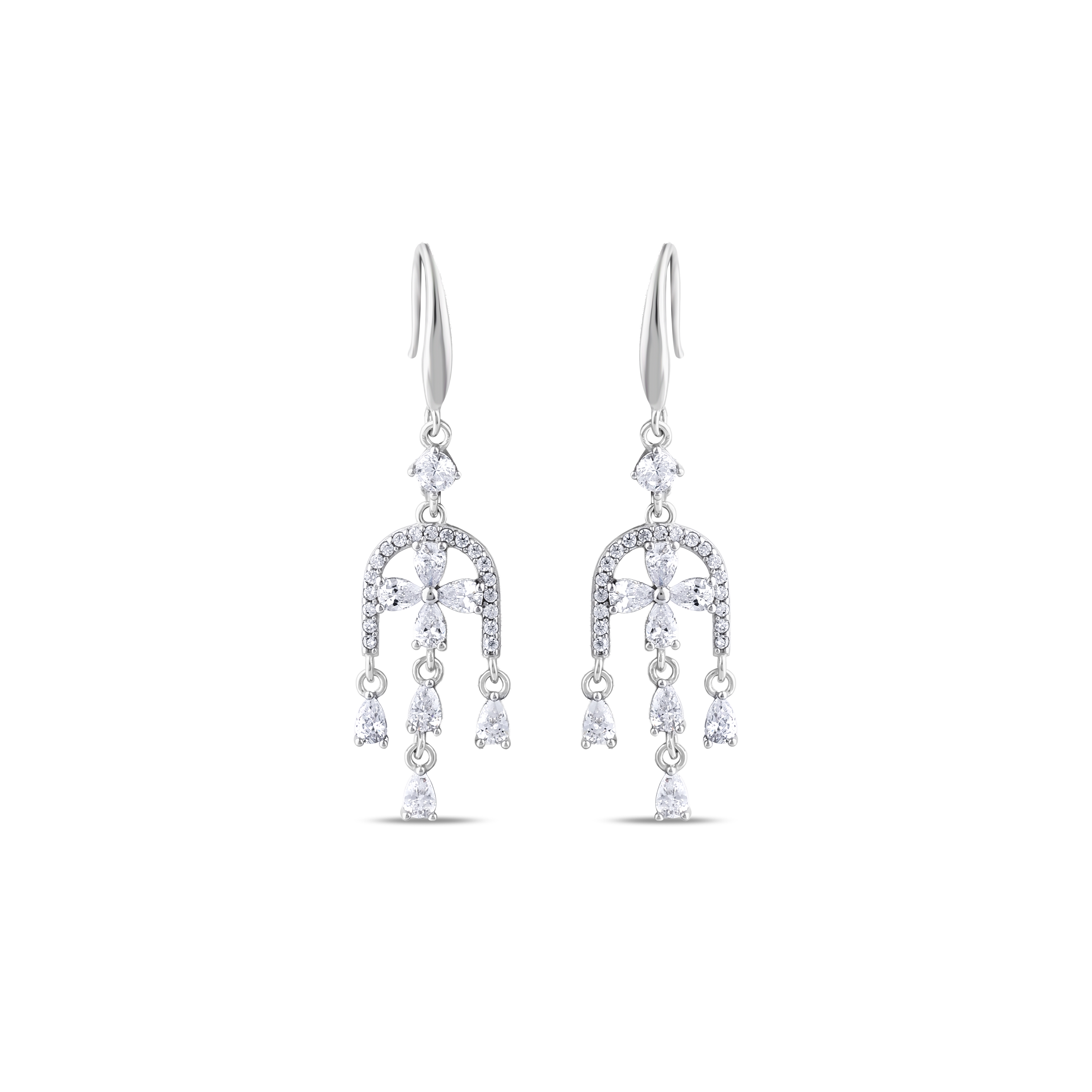 Gift Collection Teardrop Stone Floral Motif Chandelier-Style Dangle Silver Earring