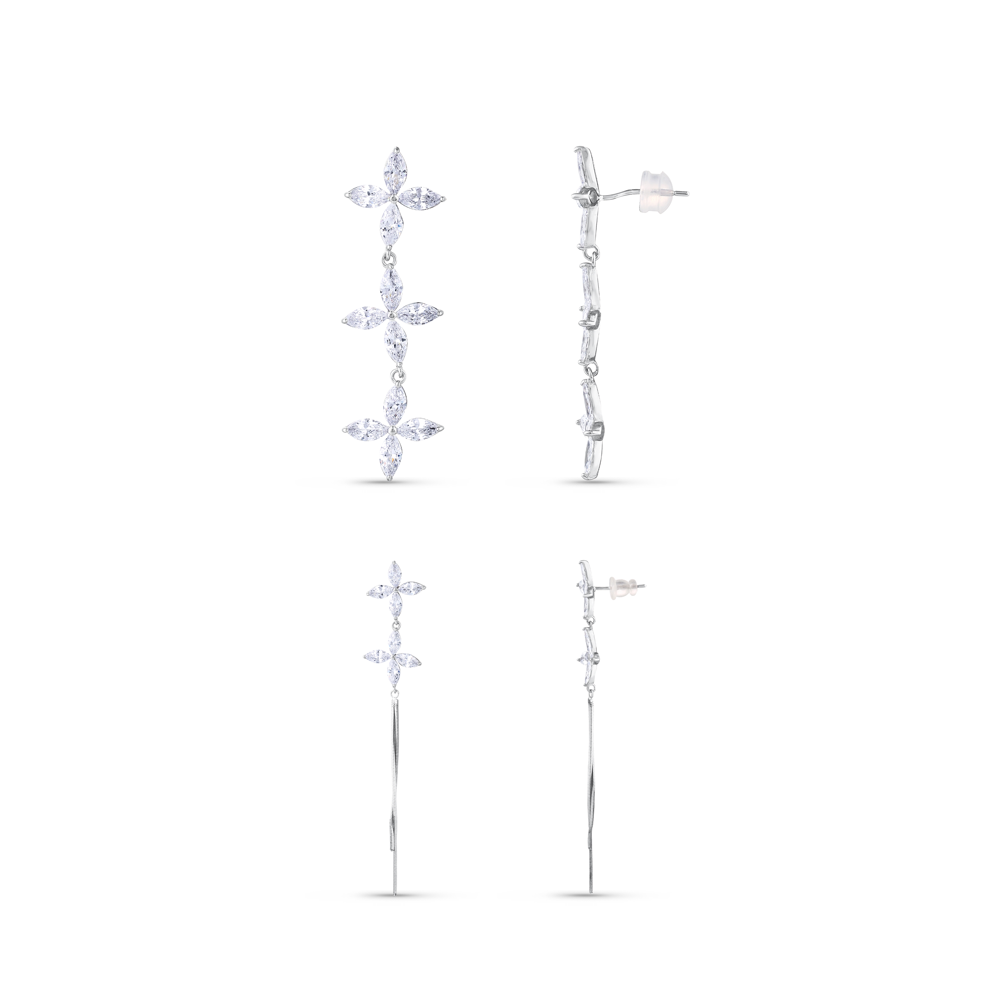 Gift Collection Marquise Cut White Stone Triple Flower Motif Dangle Silver Earrings