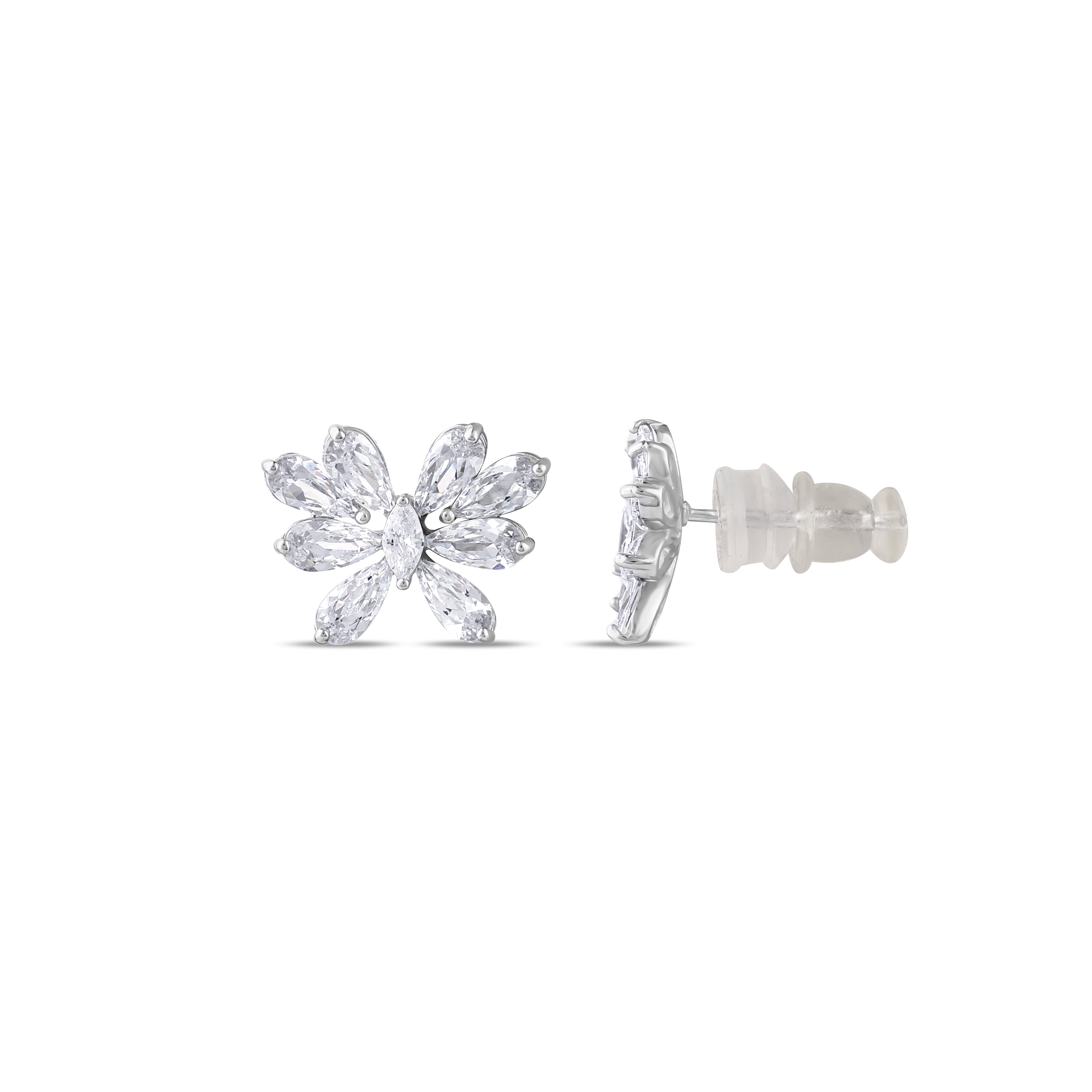 Серебряные серьги-гвоздики с бабочками из коллекции Gift с камнями огранки «маркиз» и «капля»