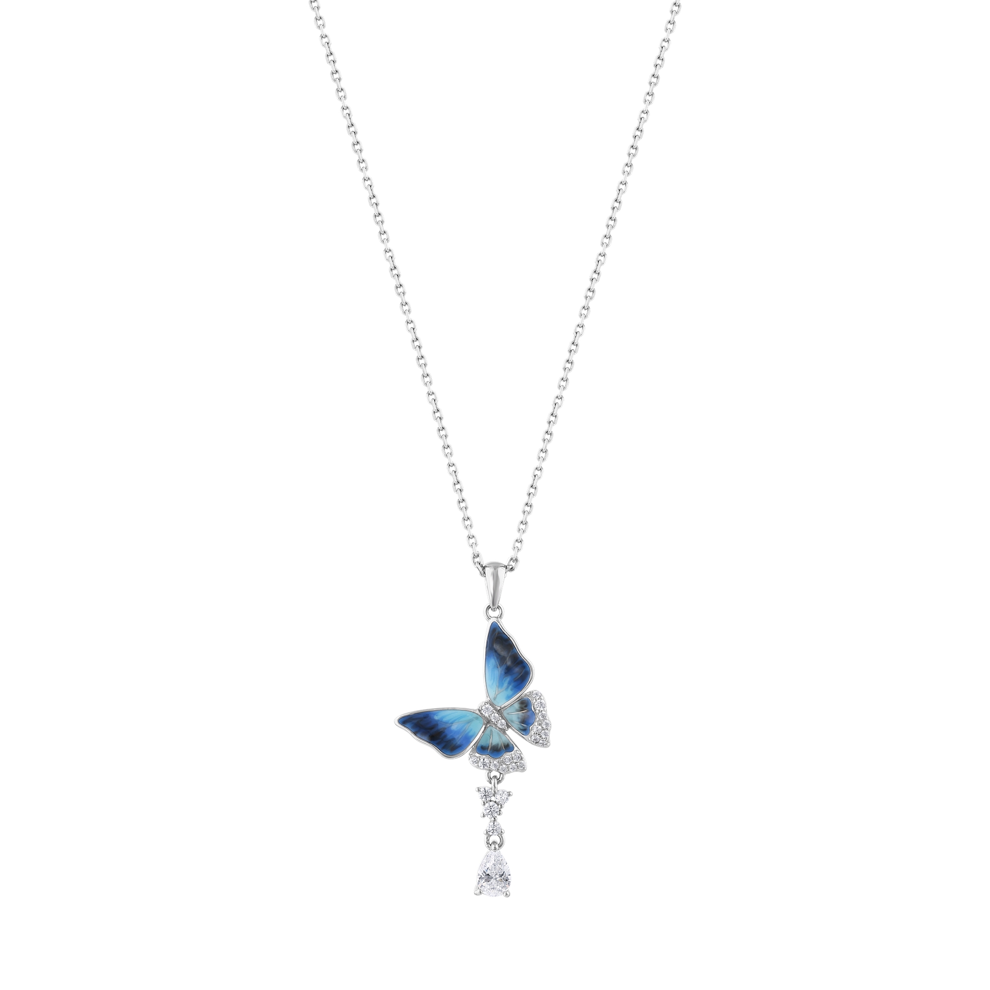 Heaven Collection Blue Enamel Asymmetrical Butterfly Silver Necklace