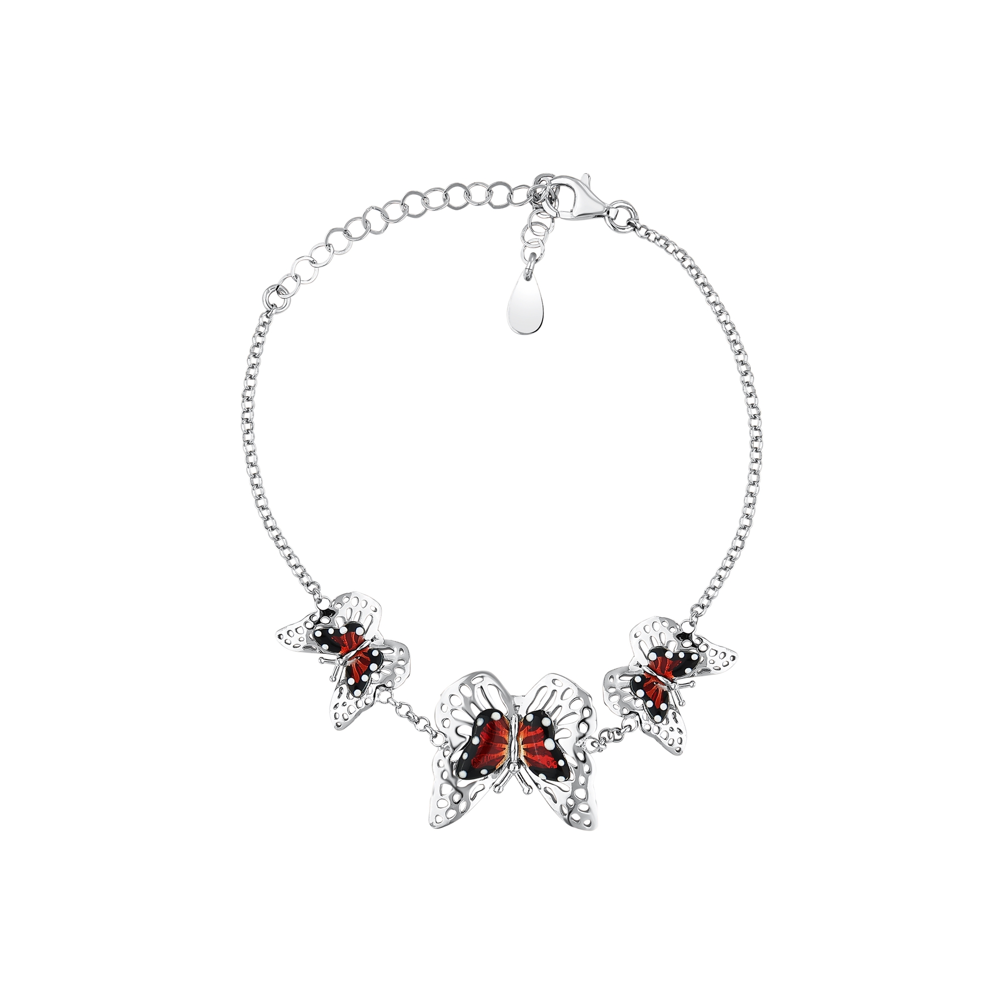 Monarch Butterfly Red and Black Enamelled Pierced Butterfly Figure Silver Bracelet