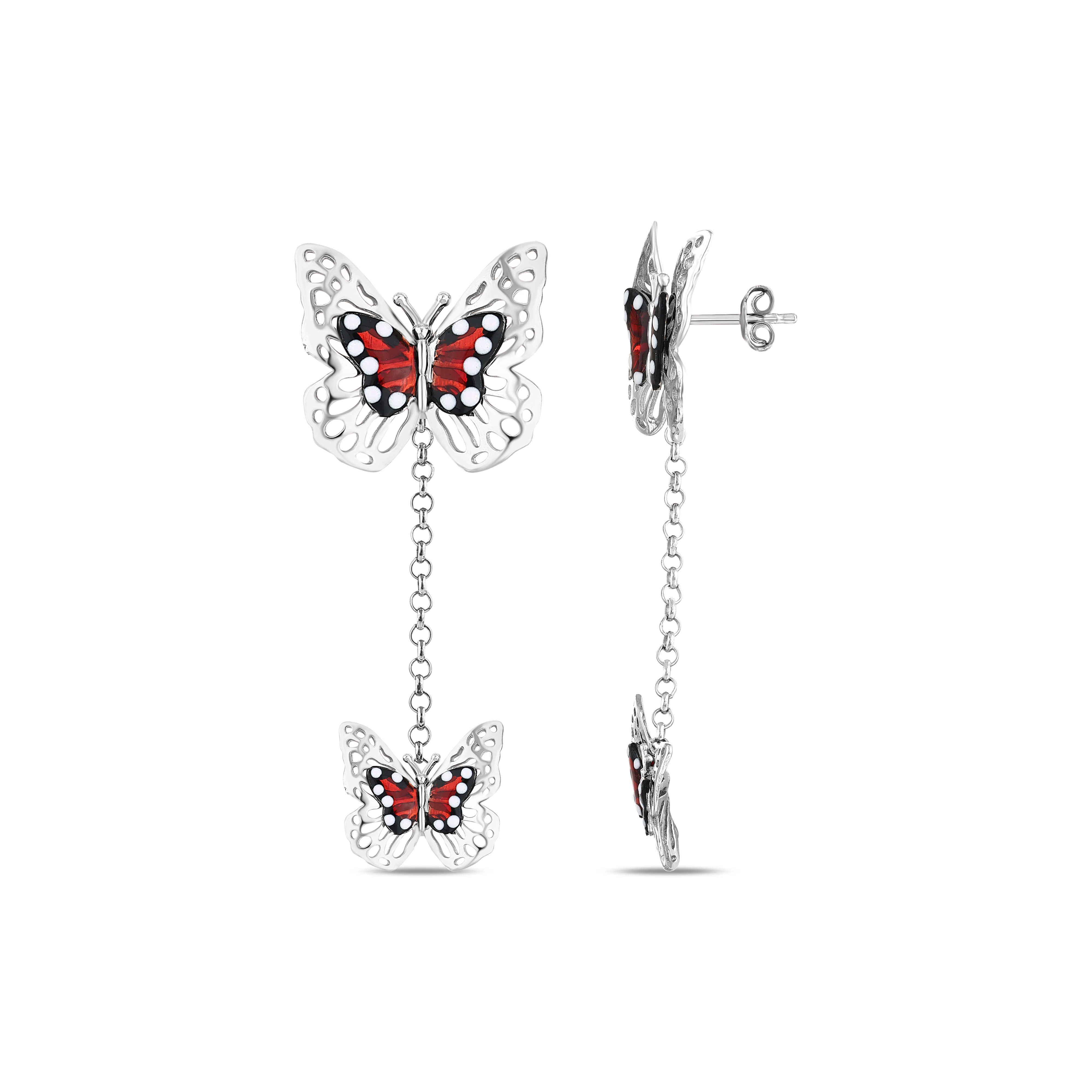 Monarch Butterfly Red and Black Enamel Pierced Double Butterfly Figure Silver