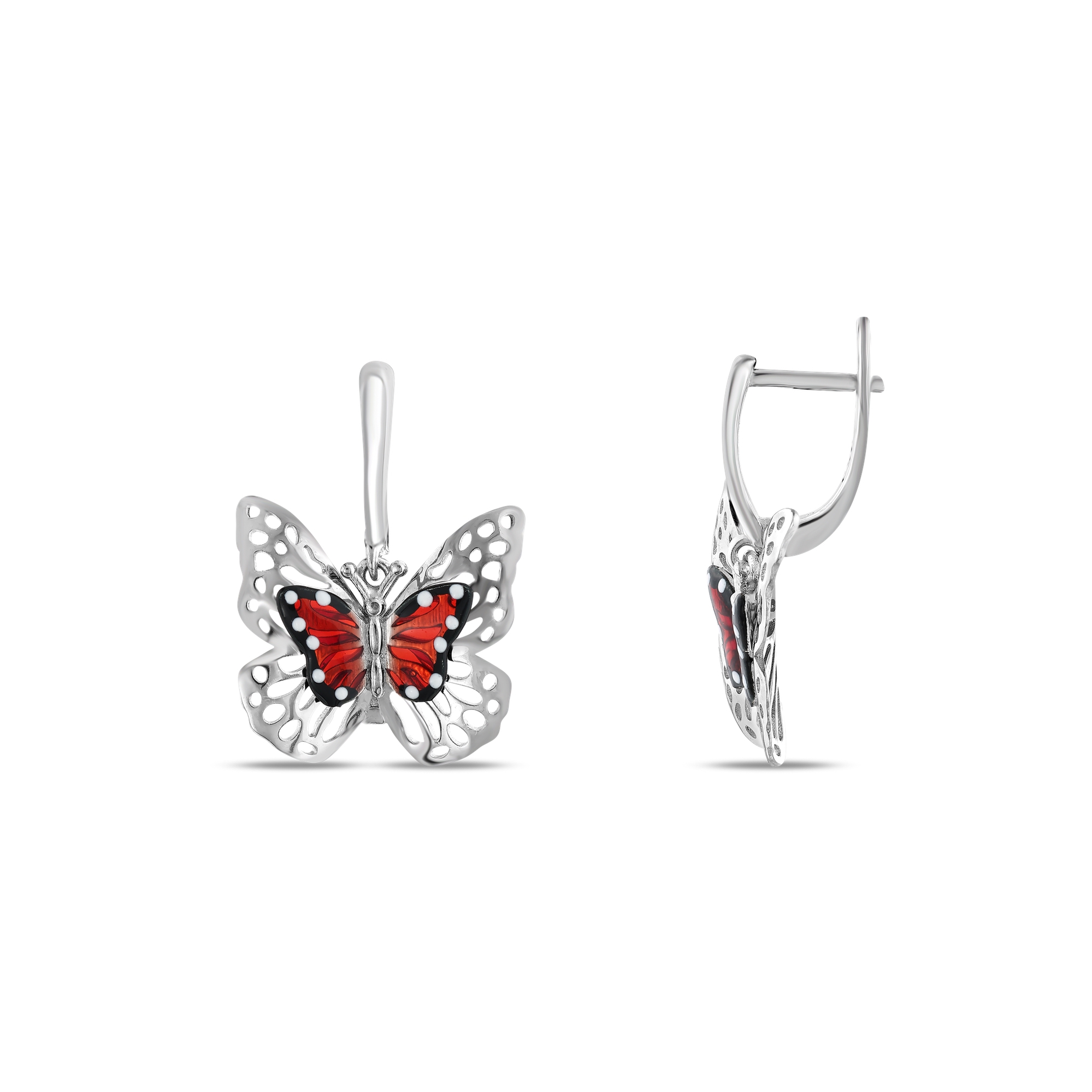 Monarch Butterfly Enamel Pierced Double Butterfly Figure Silver Dangle Earrings