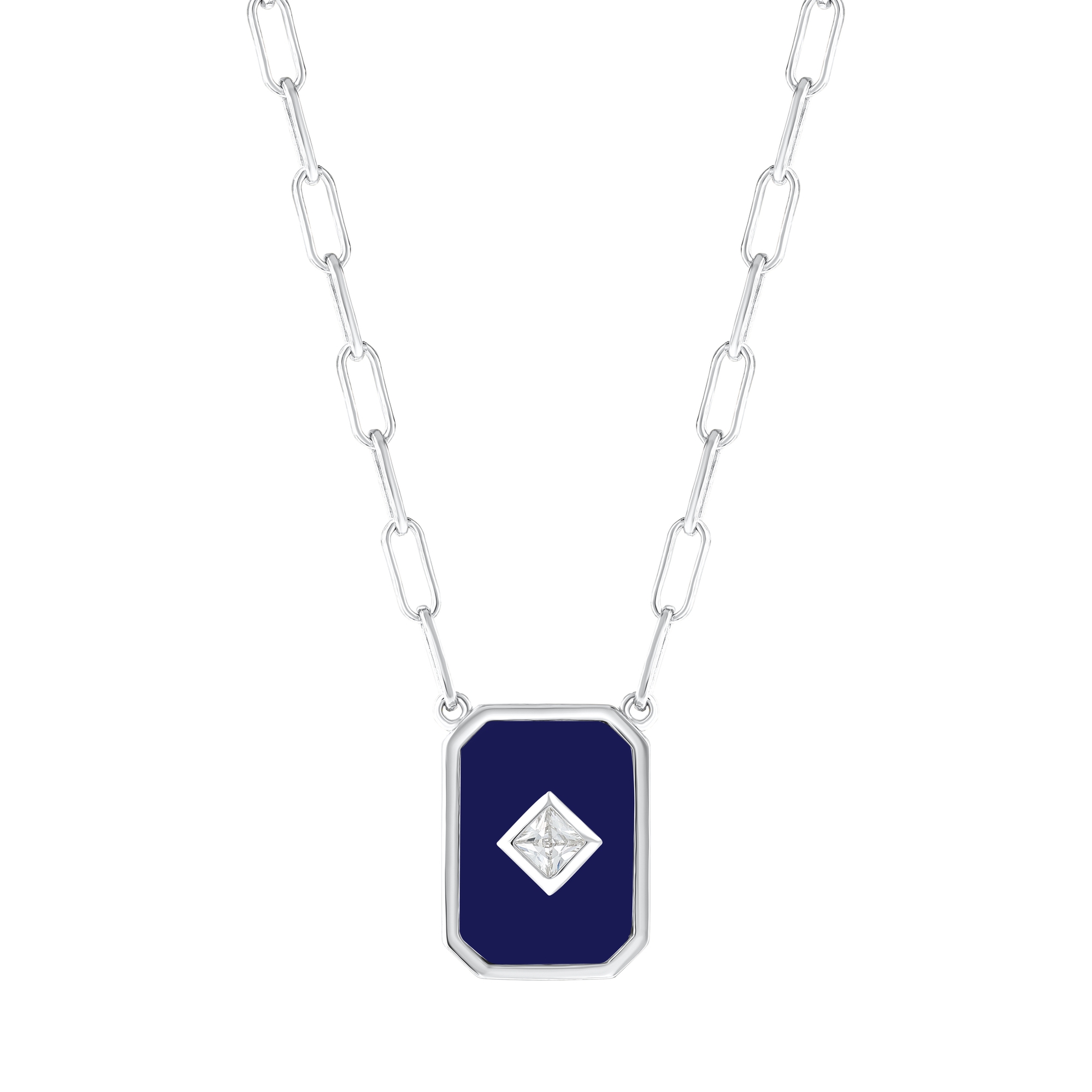 Lucky Gems Collection Lapis Stone Rectangular Medallion Silver Necklace