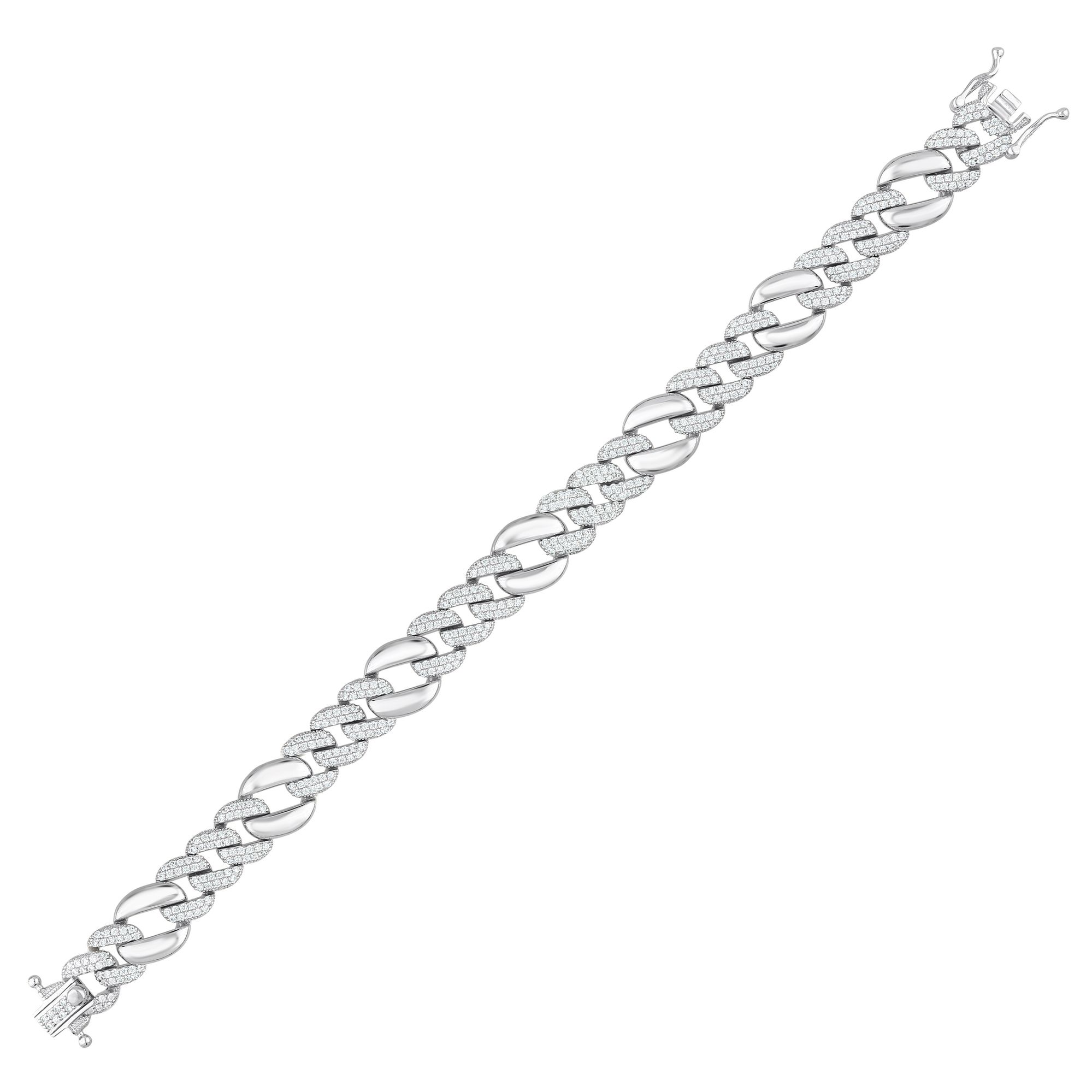 Rainbow Collection White Stone &amp; Plain Cuban Chain Silver Bracelet