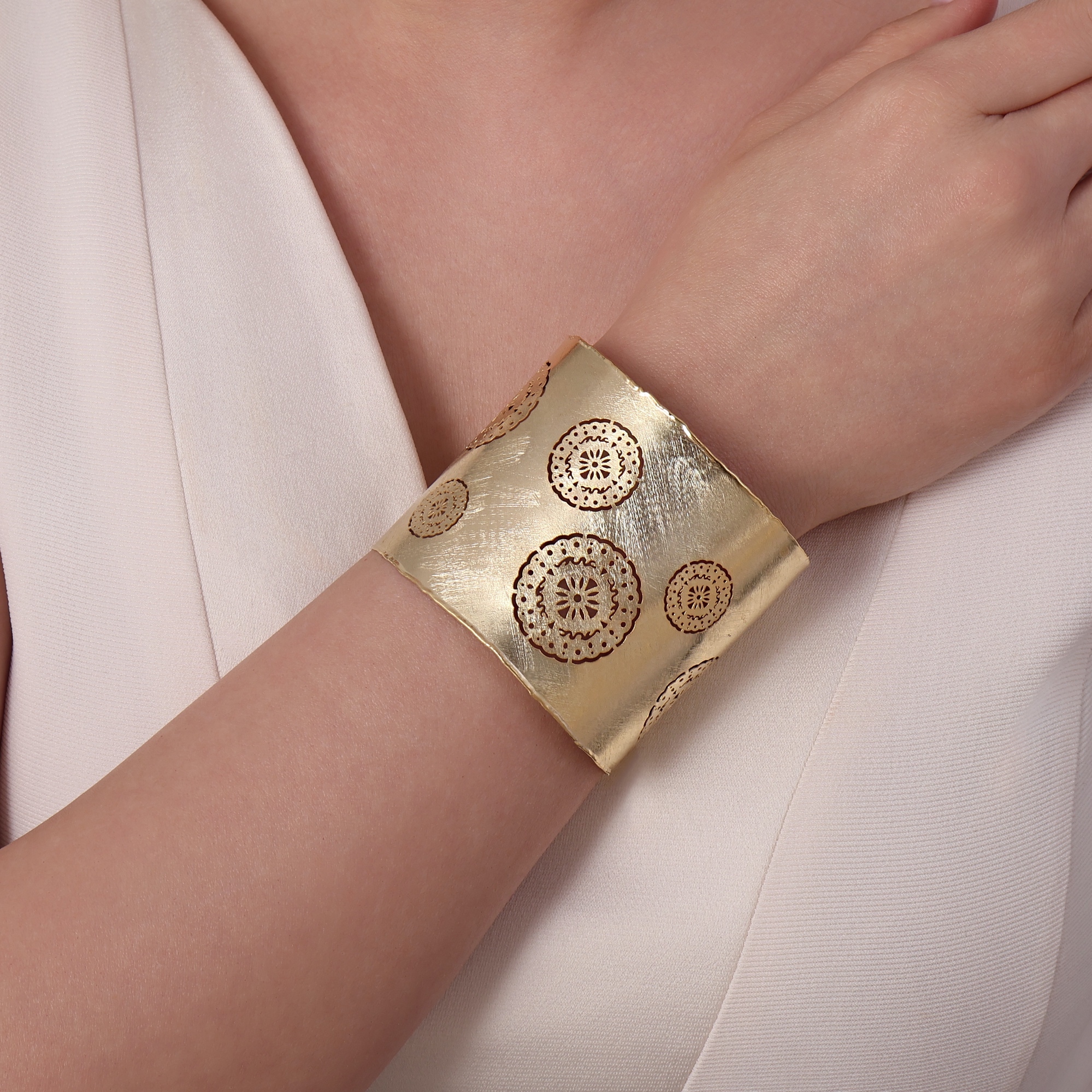 Sun Collection Embroidered Modern Design Wide Silver Cuff