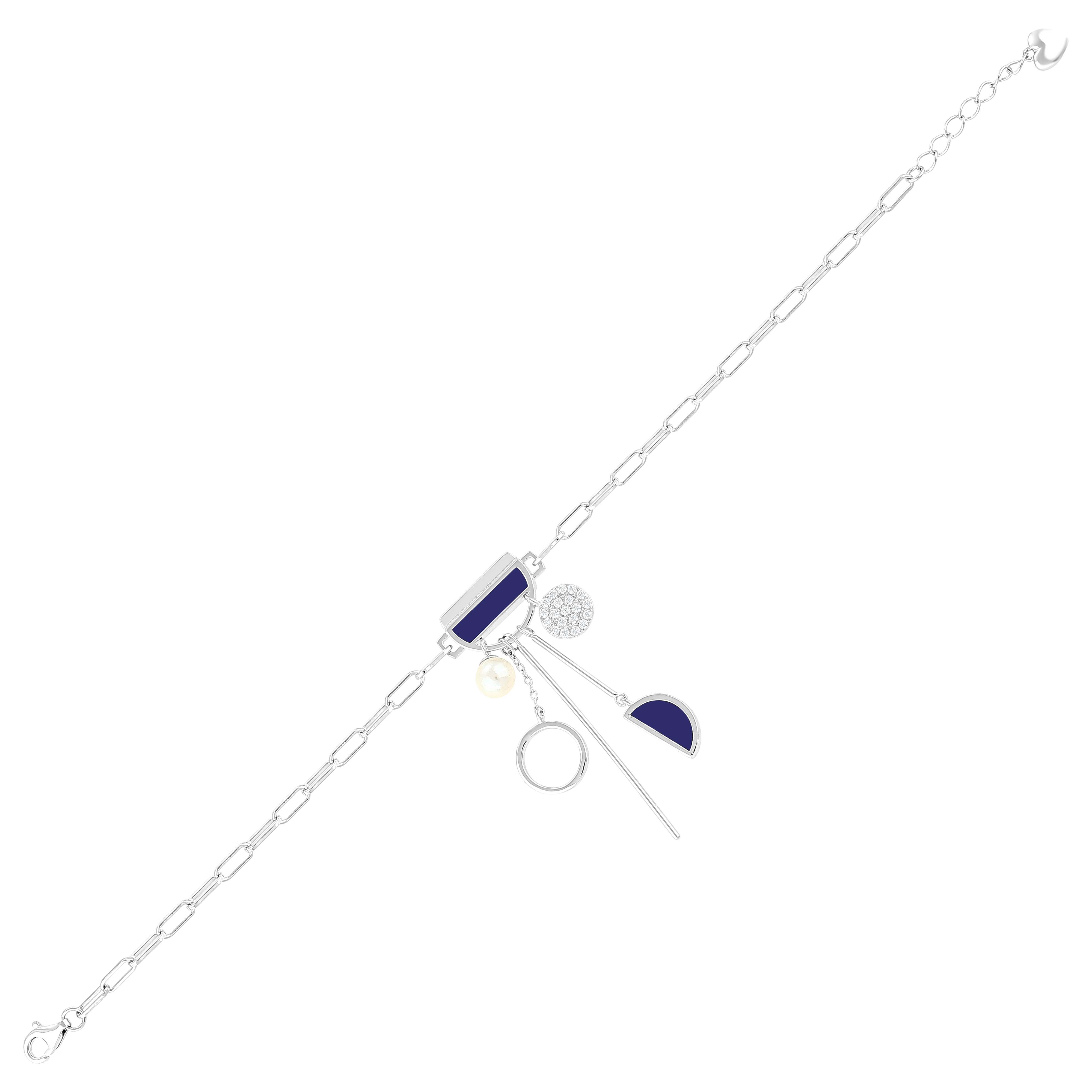 Lucky Gems Collection Lapis Stone and Pearl Dangle Silver Bracelet