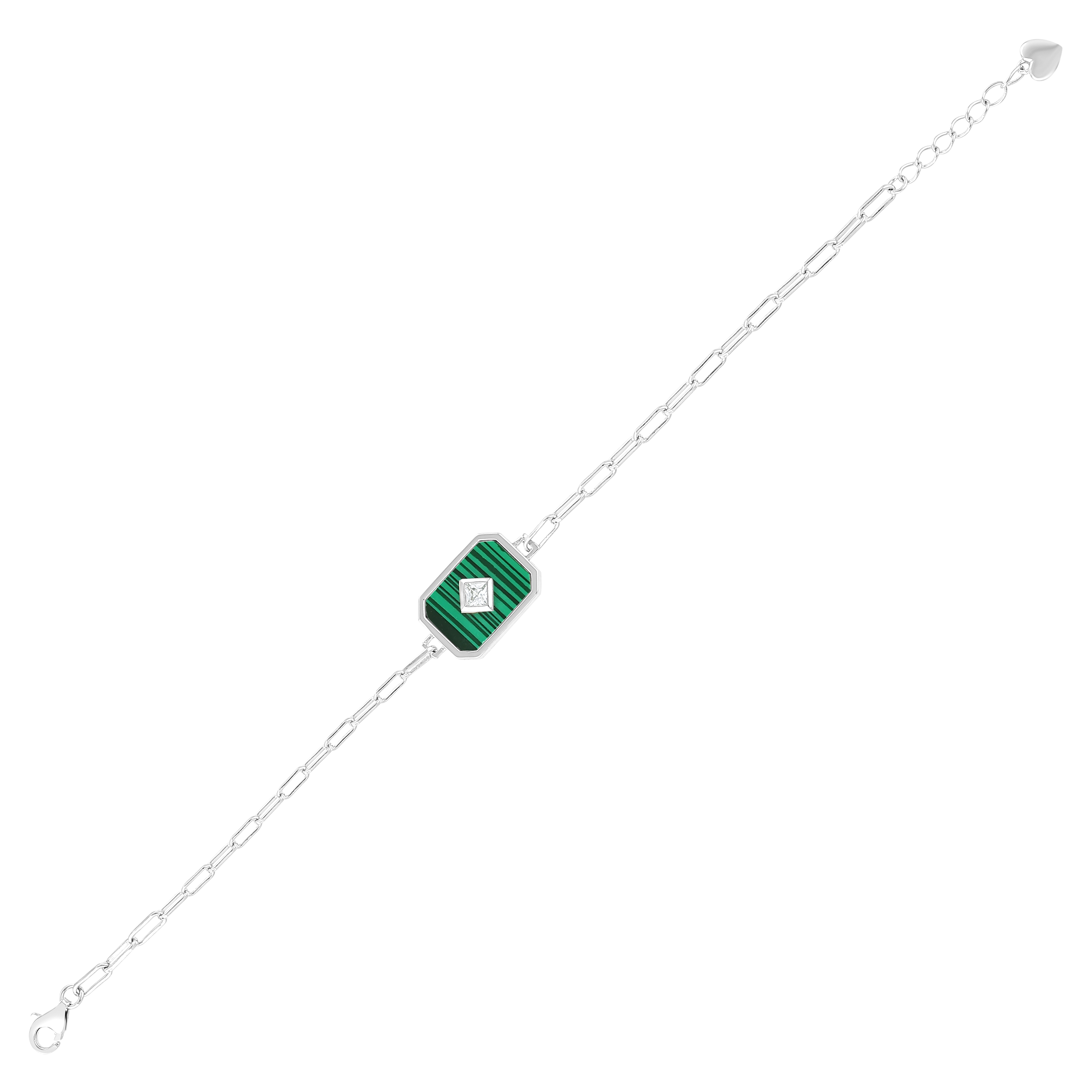 Lucky Gems Collection Malachite Stone Rectangular Plate Silver Bracelet