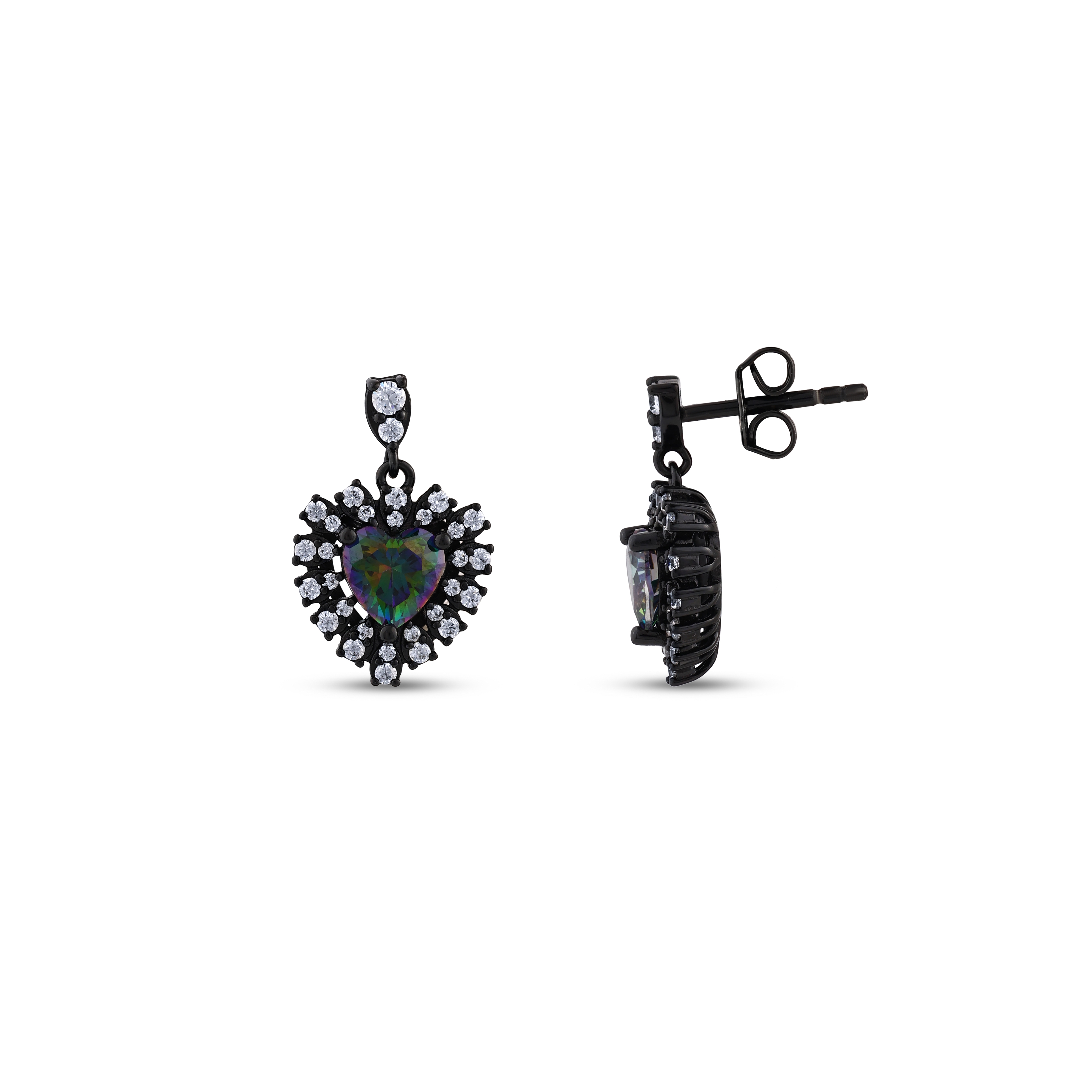 Black Magic Collection Zircon Stone Heart-Shaped Silver Earrings