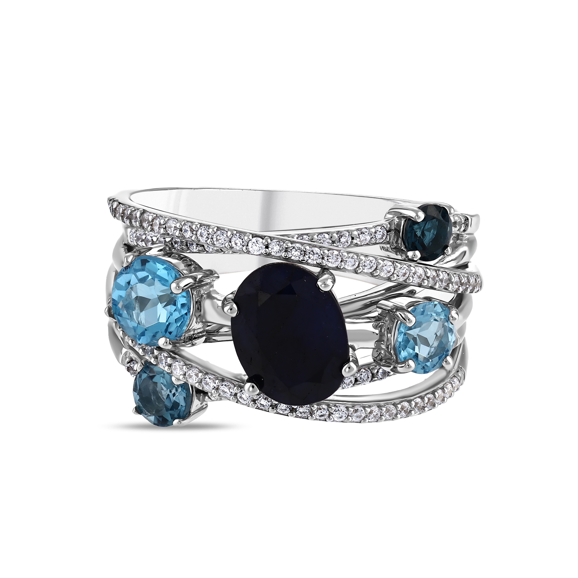 Gift Collection Crossover Design Shimmering Blue Stone Silver Ring