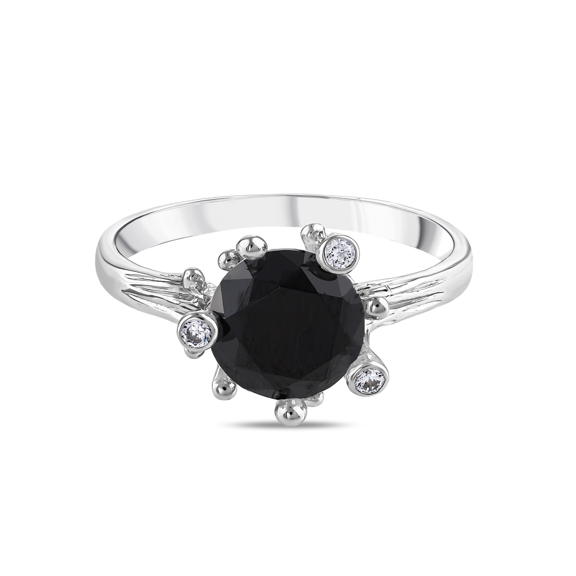 Gift Collection Black Solitaire Silver Ring with Side Stones