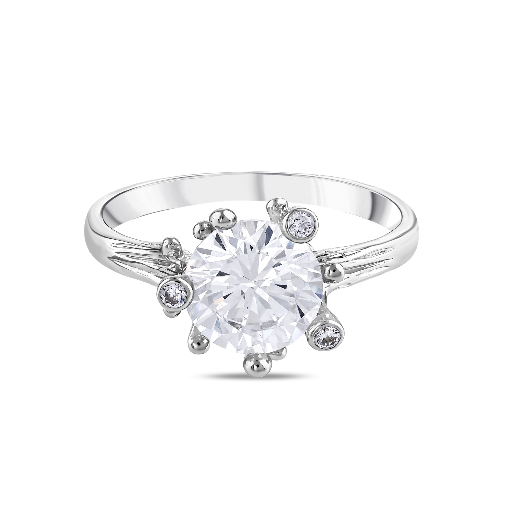 Gift Collection White Solitaire Silver Ring with Side Stones