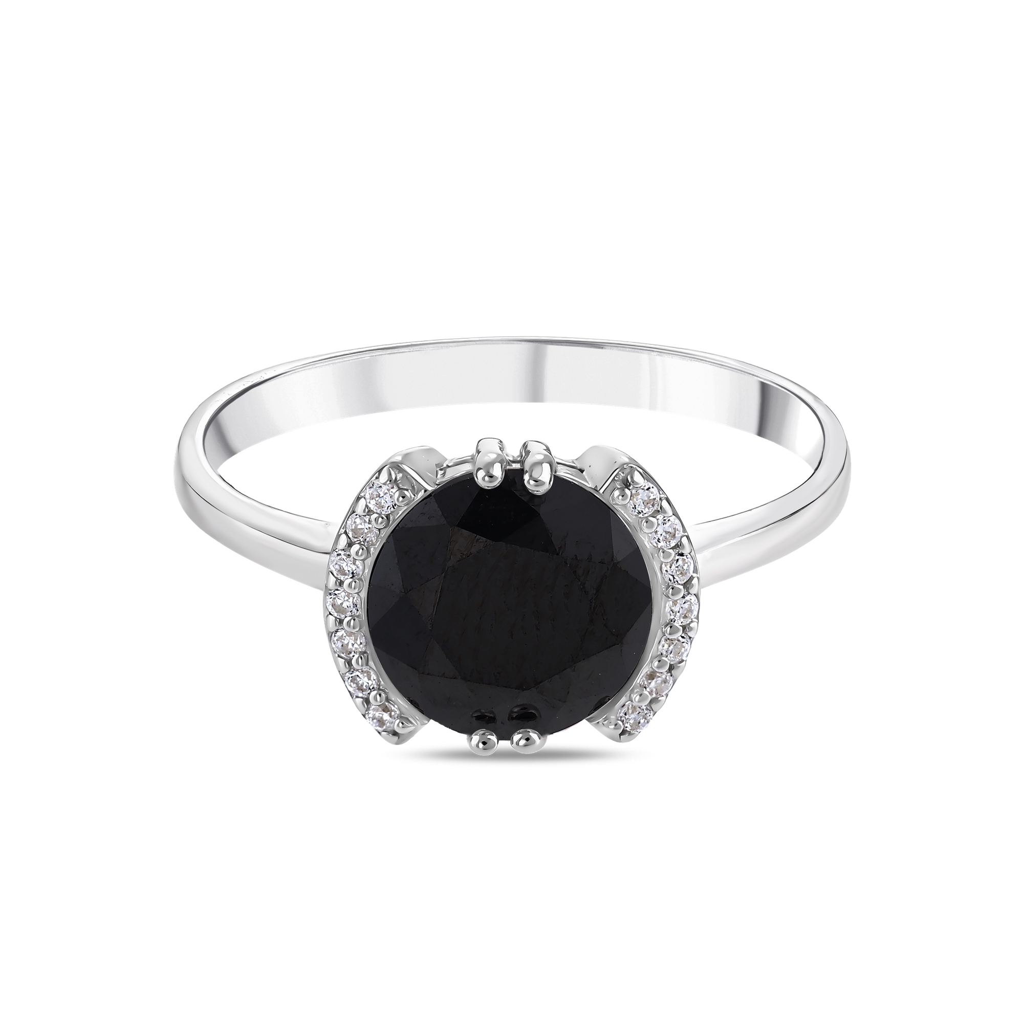 Gift Collection Round Cut Black Stone Ring with Shimmering Side Strips Silver