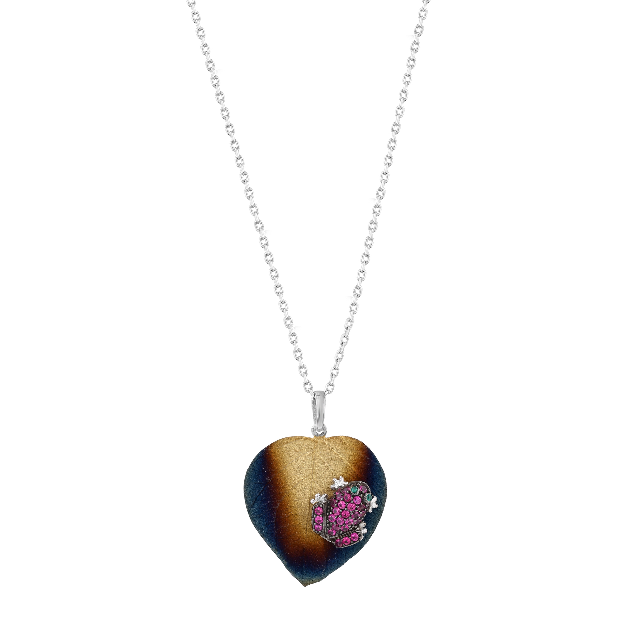 Global Warming Burnt Enamel Pink Stone Frog Figure Heart Necklace