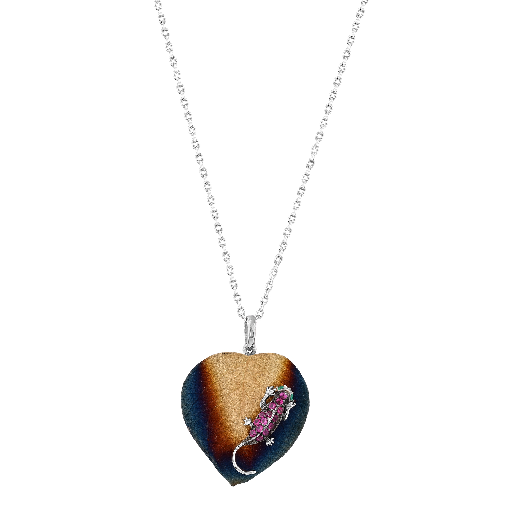 Global Warming Burnt Enamel Pink Stone Lizard Figure Heart Necklace