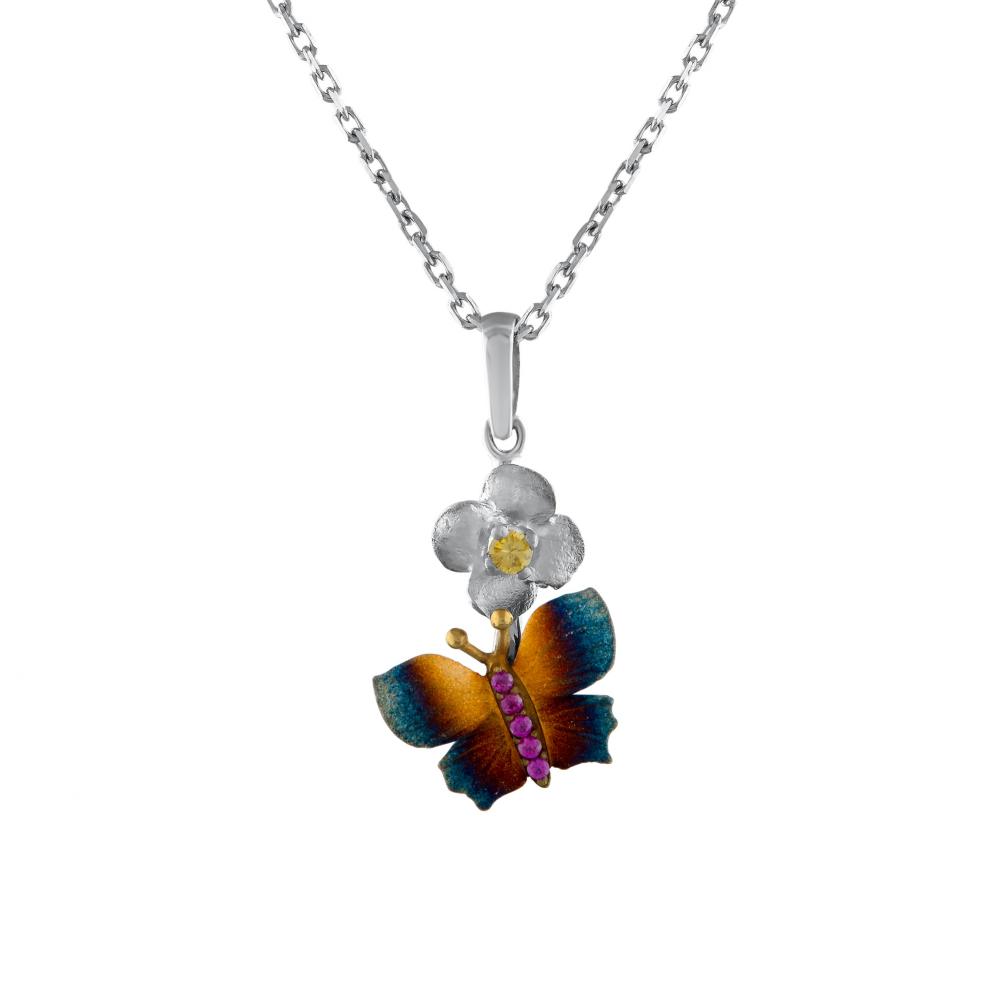 Global Warming Butterfly and Flower Shaped Colorful Stone Minimal Silver Necklace