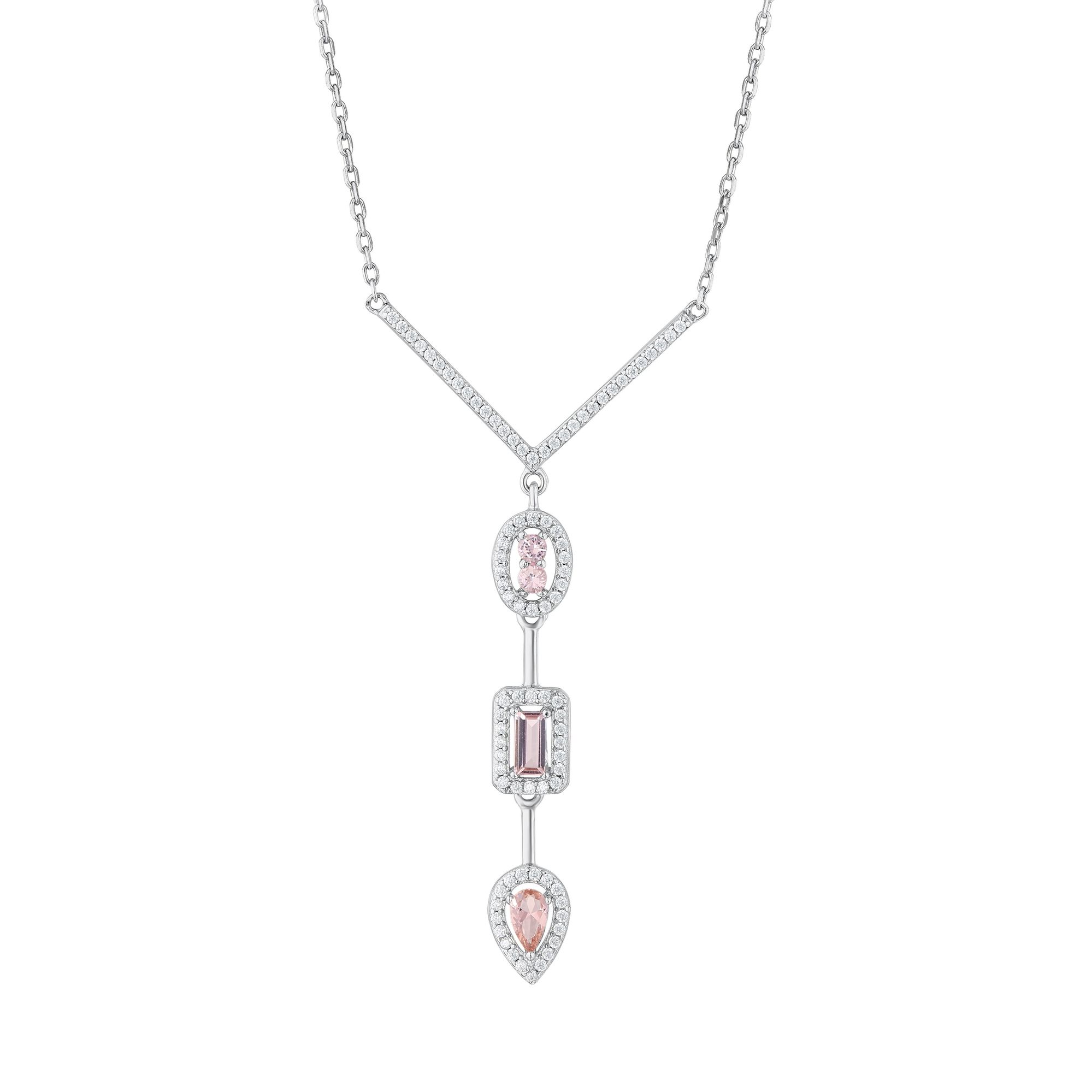 Baguette Collection V Bar Detail Pink Stone Lined Silver Necklace
