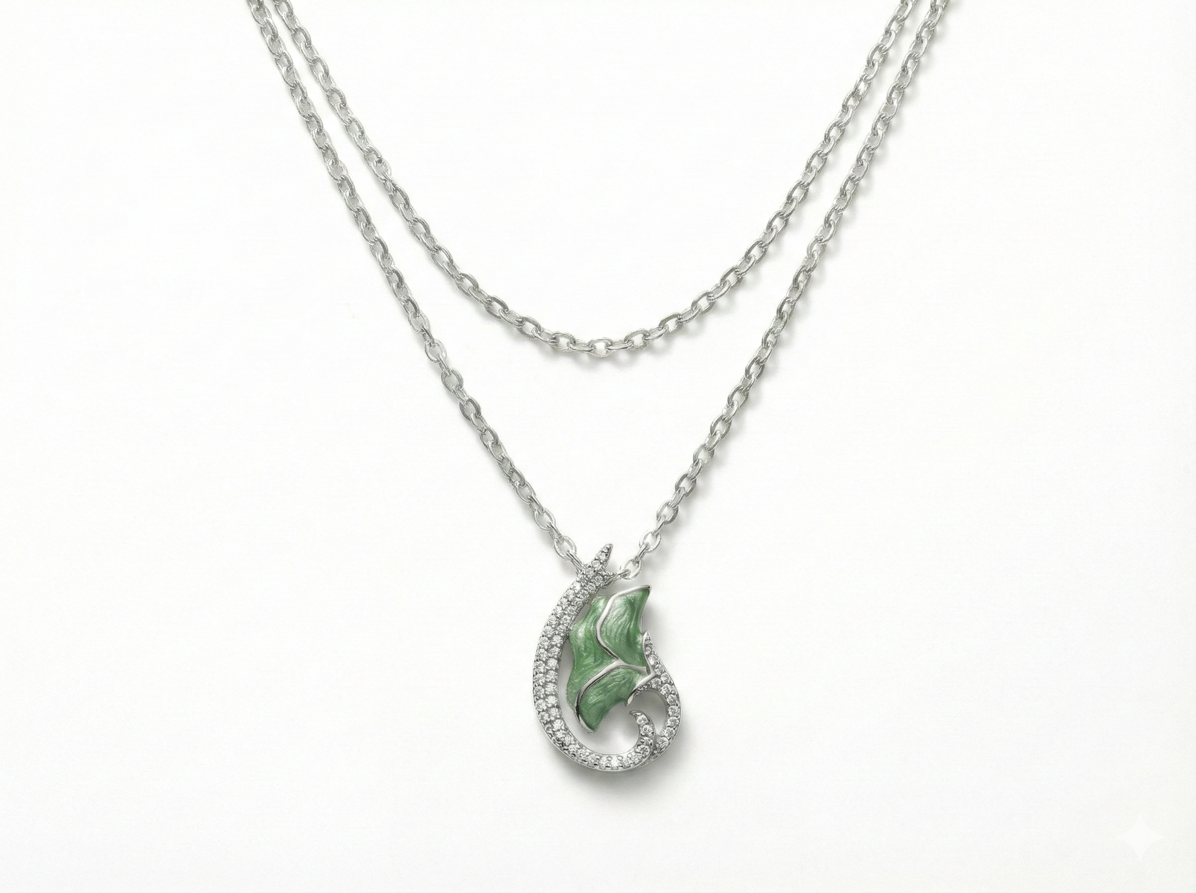 Lucky Gems Collection Green Enamel Leaf Figure Double Chain Silver Necklace
