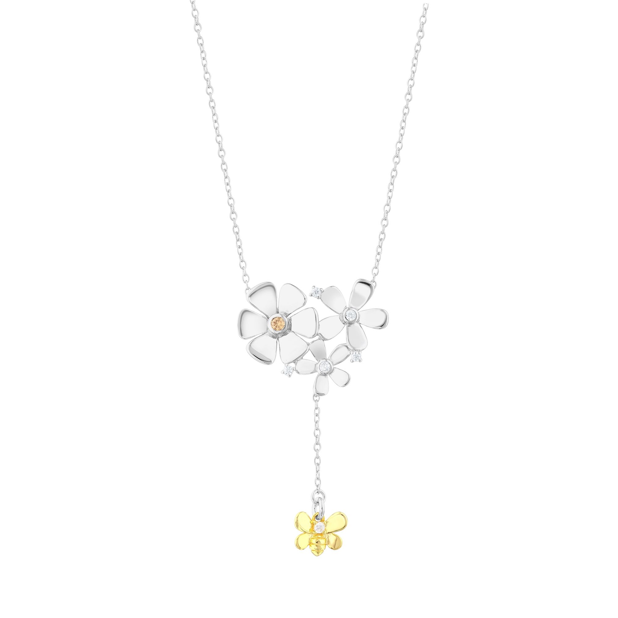 Gift Collection Dangle Bee and Flower Bouquet Silver Necklace