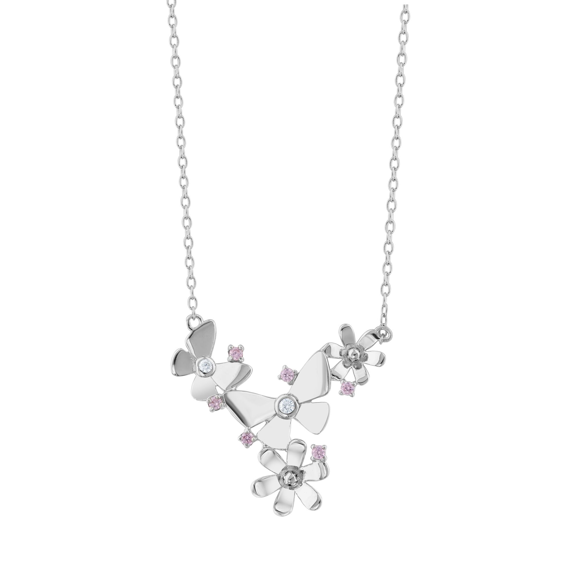 Gift Collection Pink Stone Flower and Butterfly Bouquet Silver Necklace