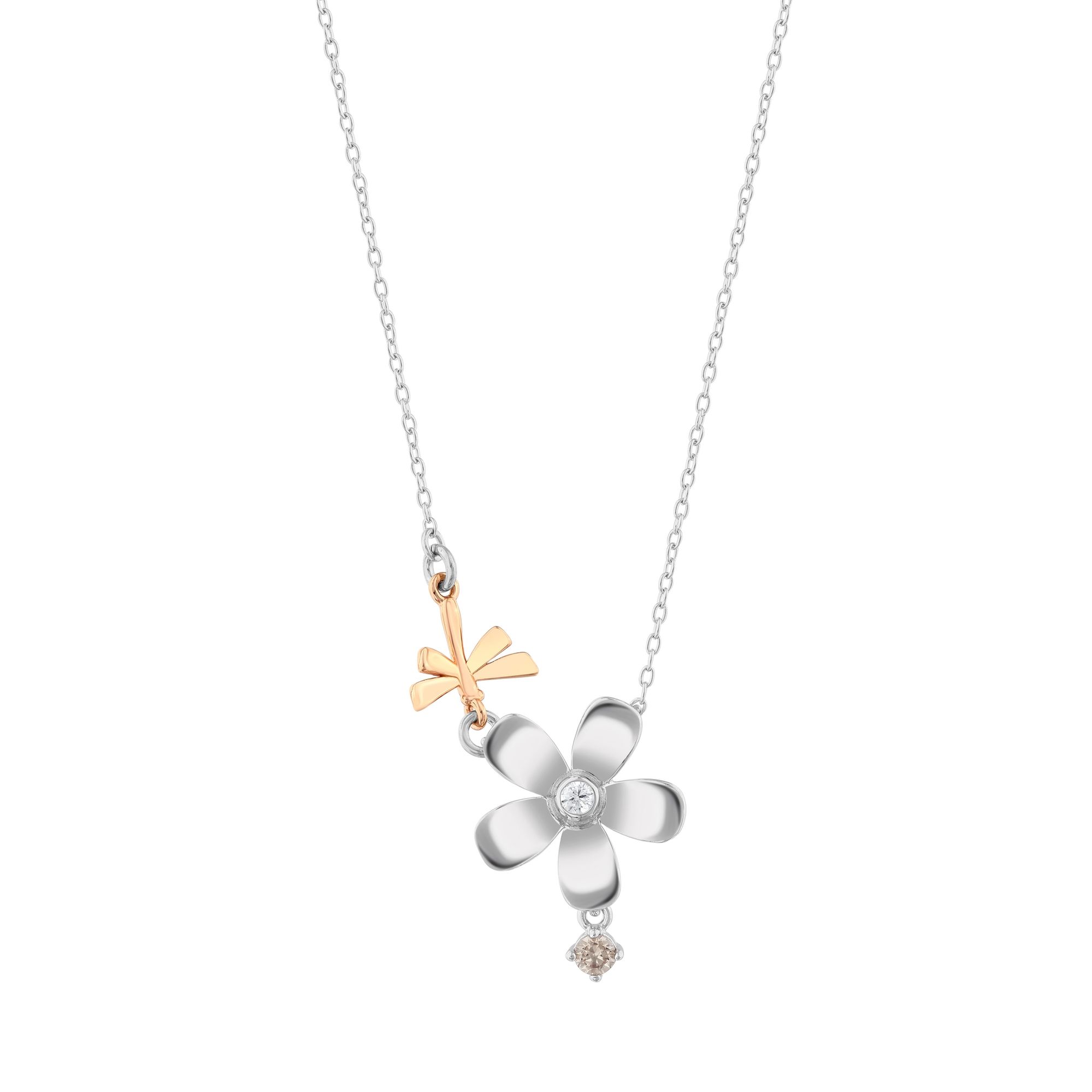 Серебряное колье из коллекции Gift с двухцветным дизайном стрекозы и цветка