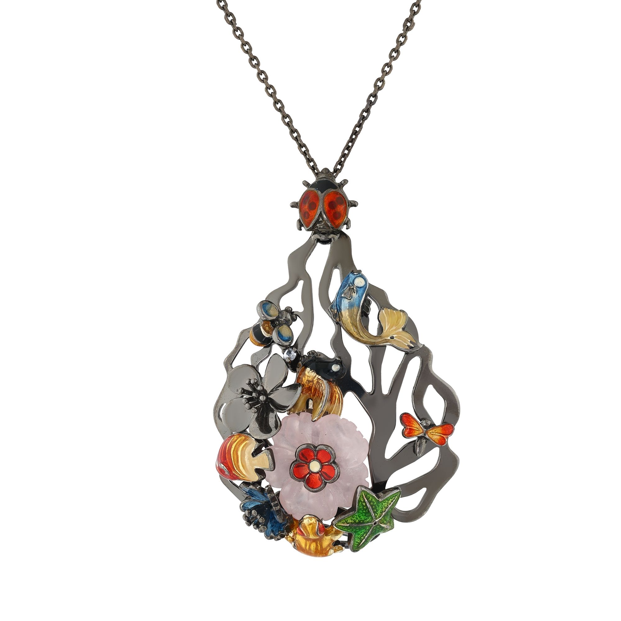 Серебряное колье Night Collection с деталями в виде цветка, рыбки и божьей коровки