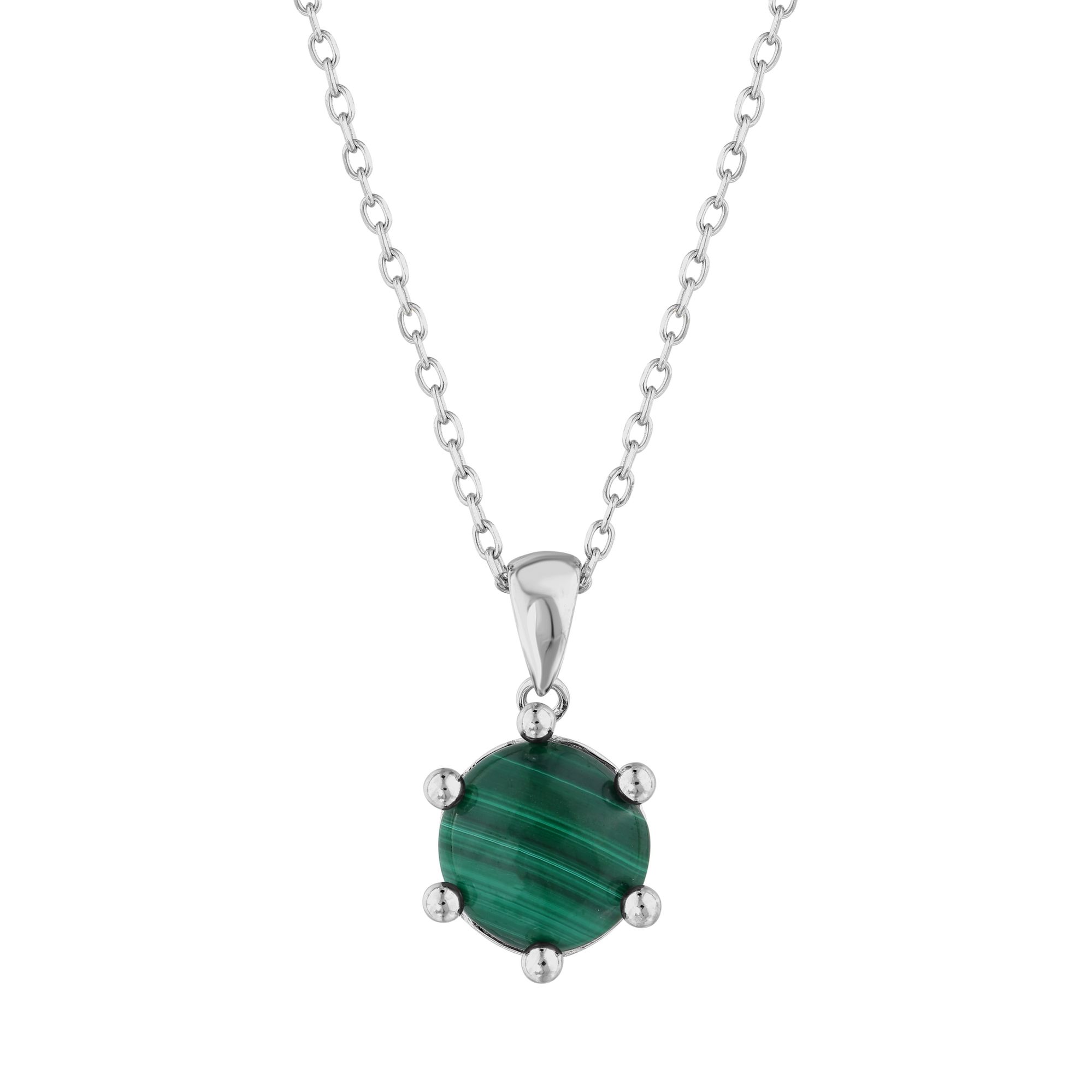 Lucky Gems Collection Natural Malachite Round Silver Necklace