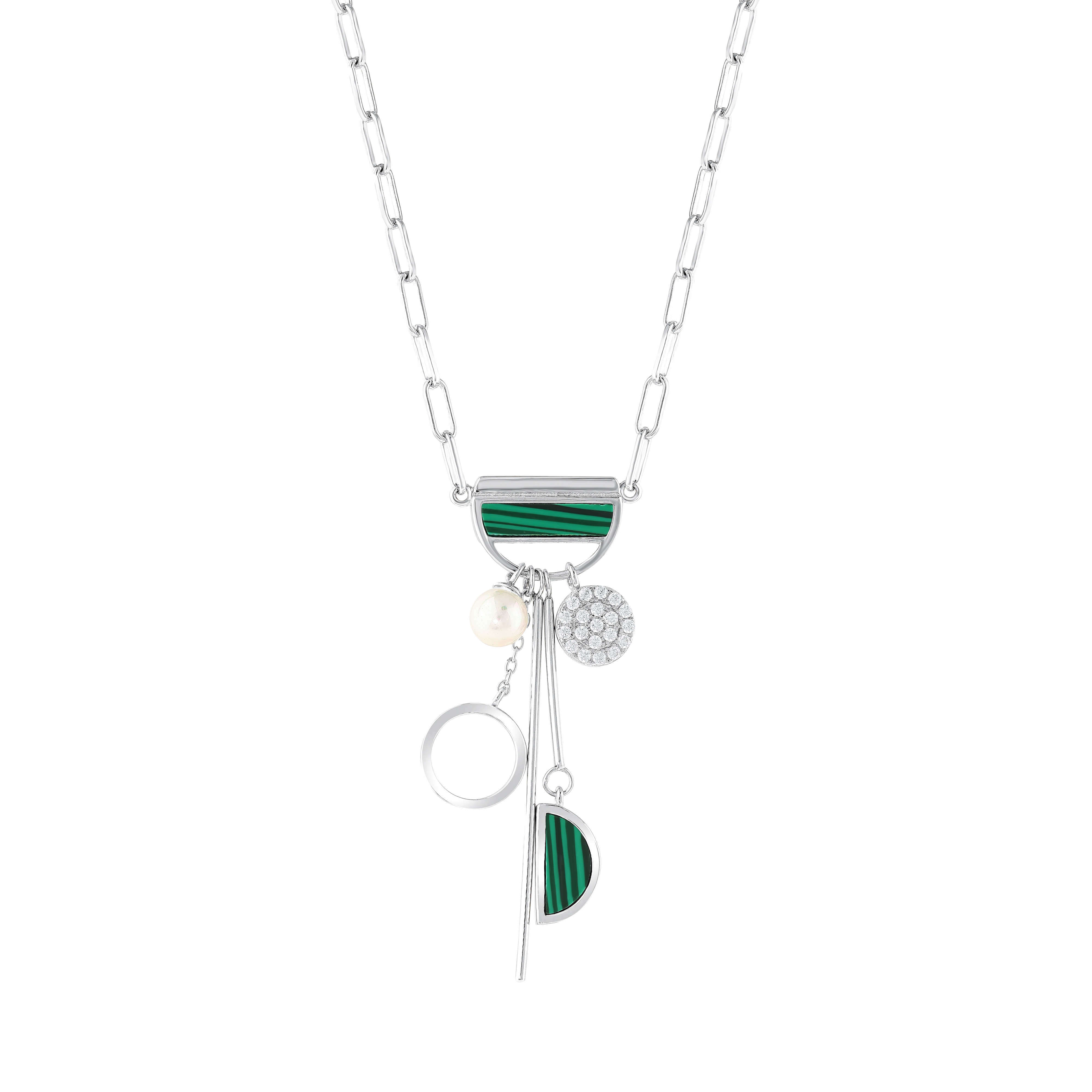 Lucky Gems Collection Malachite and Pearl Detailed Silver Necklace with Paperclip Chain