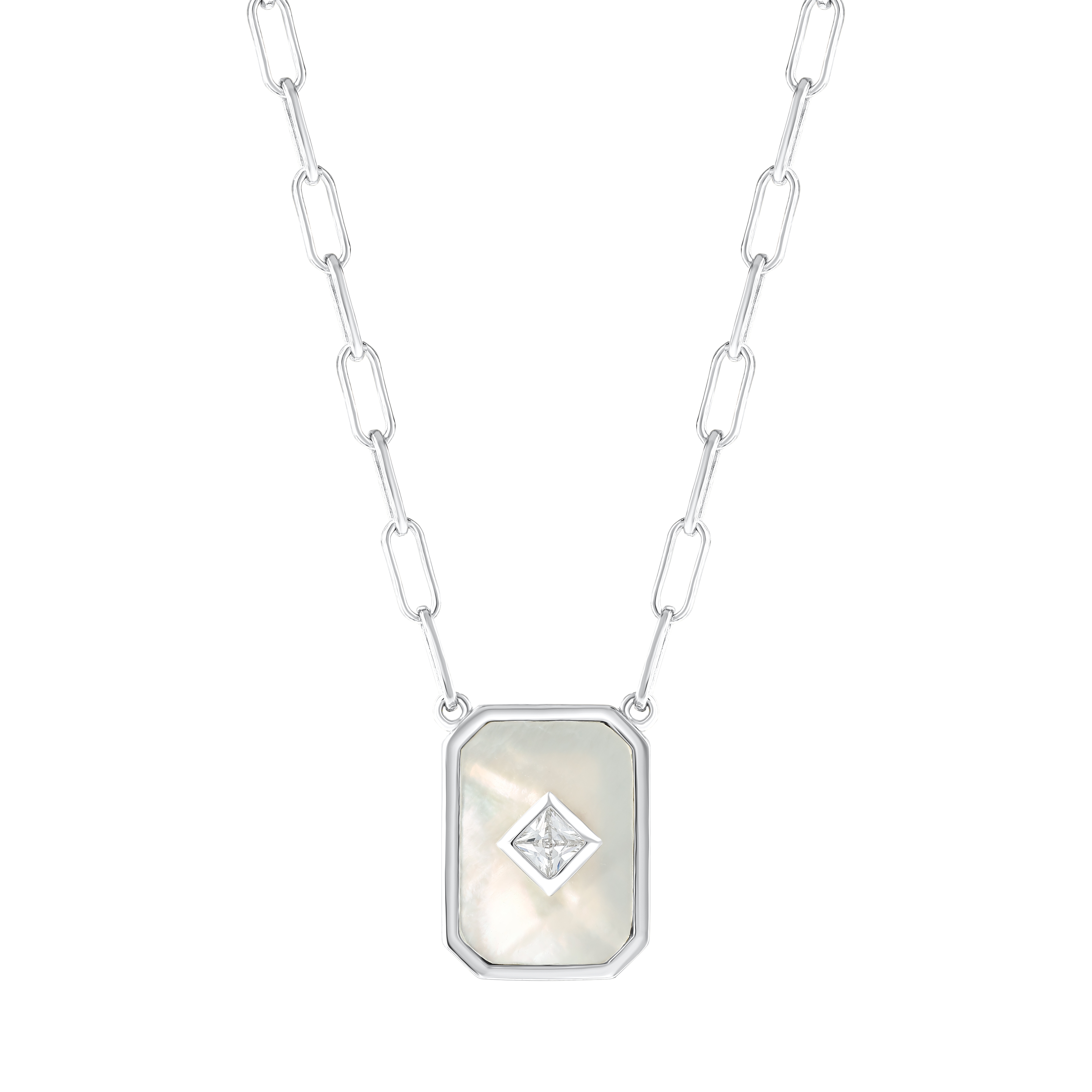 Lucky Gems Collection Mother-of-Pearl Rectangular Medallion Silver Necklace