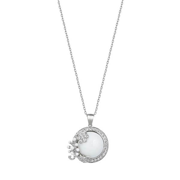 White Dreams Round White Stone Flower Detailed Silver Necklace