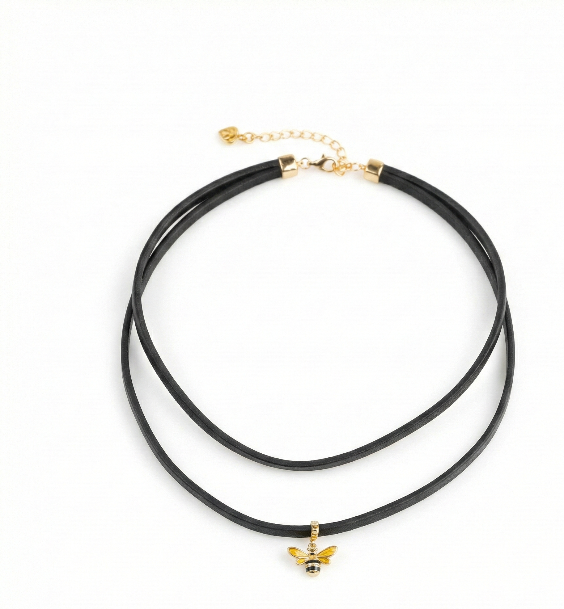 Ladybee Koleksiyonu Çift Katlı Siyah Deri Kordonlu Arı Figürlü Choker Kolye