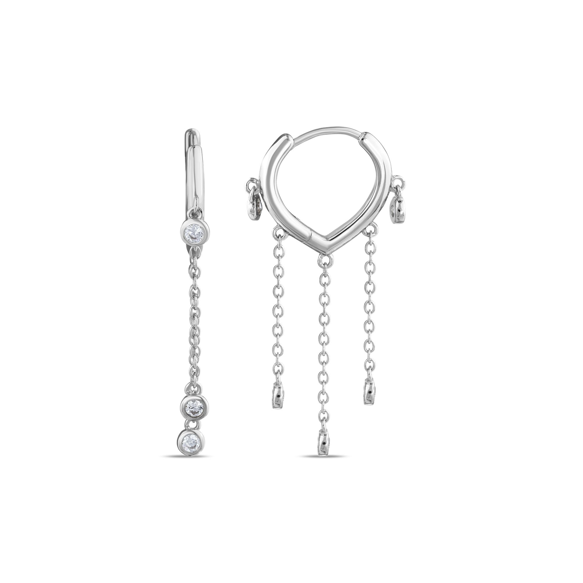 Серьги-кольца Rainbow Collection из серебра с белыми камнями и цепочками