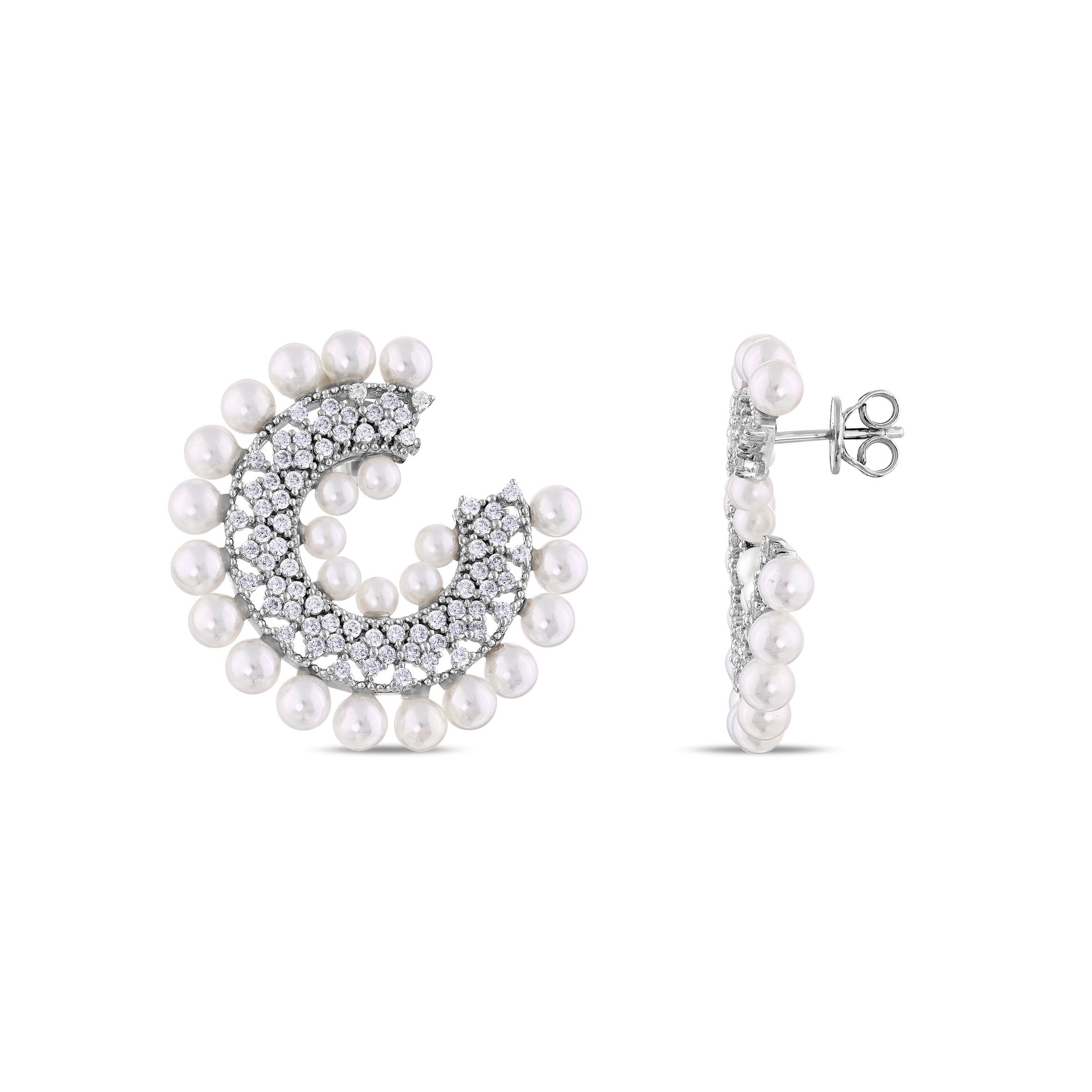 Серебряные серьги с крупным жемчугом и цирконами из коллекции Gift