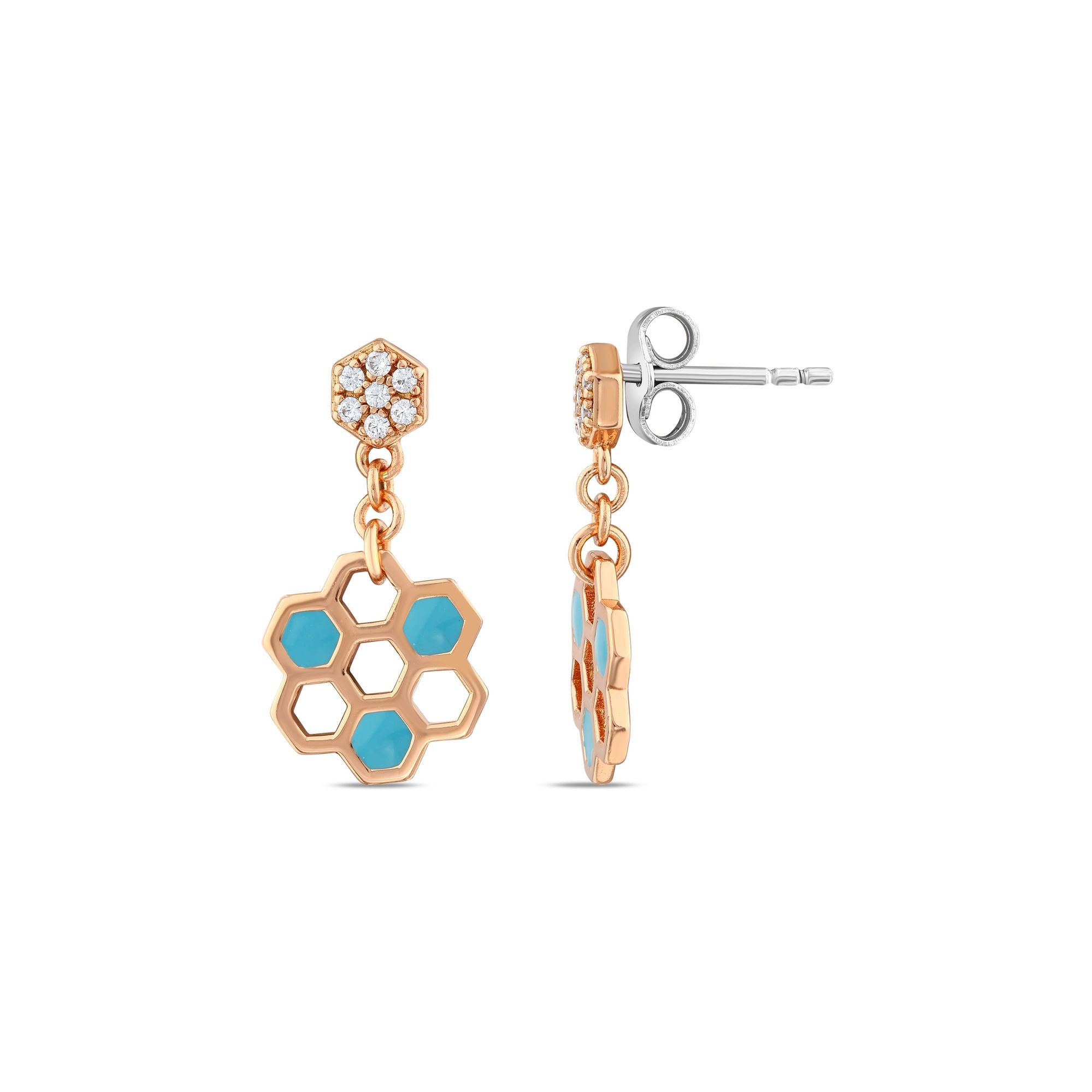 Gift Collection Rose Plated Turquoise Enamel Honeycomb Silver Earrings
