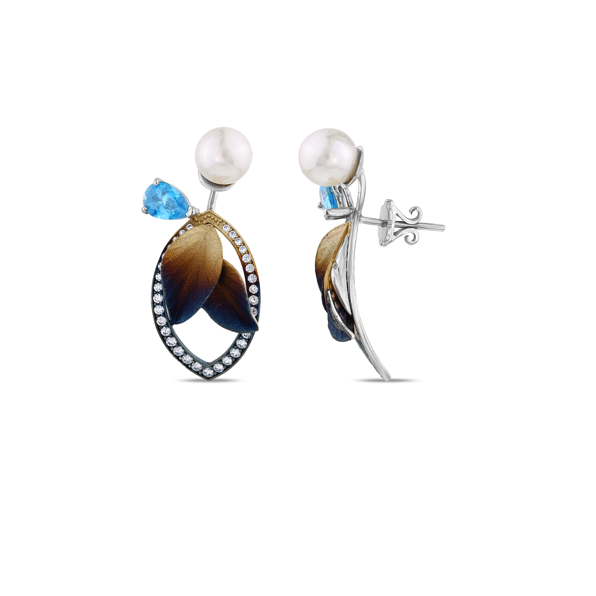 Global Warming Pearl and Blue Topaz Gemstone Leaf Design Silver Earrings