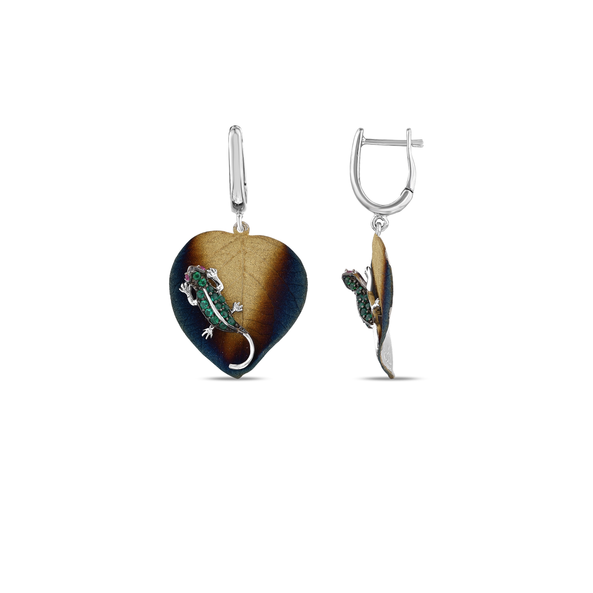 Global Warming Leaf Figured Green Lizard Silver Earring