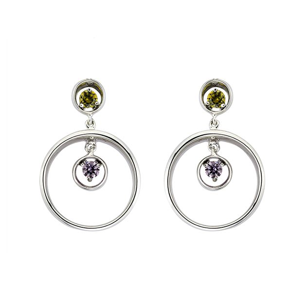 Hypnose Collection Double Hoop Design Colorful Stone Silver Earring