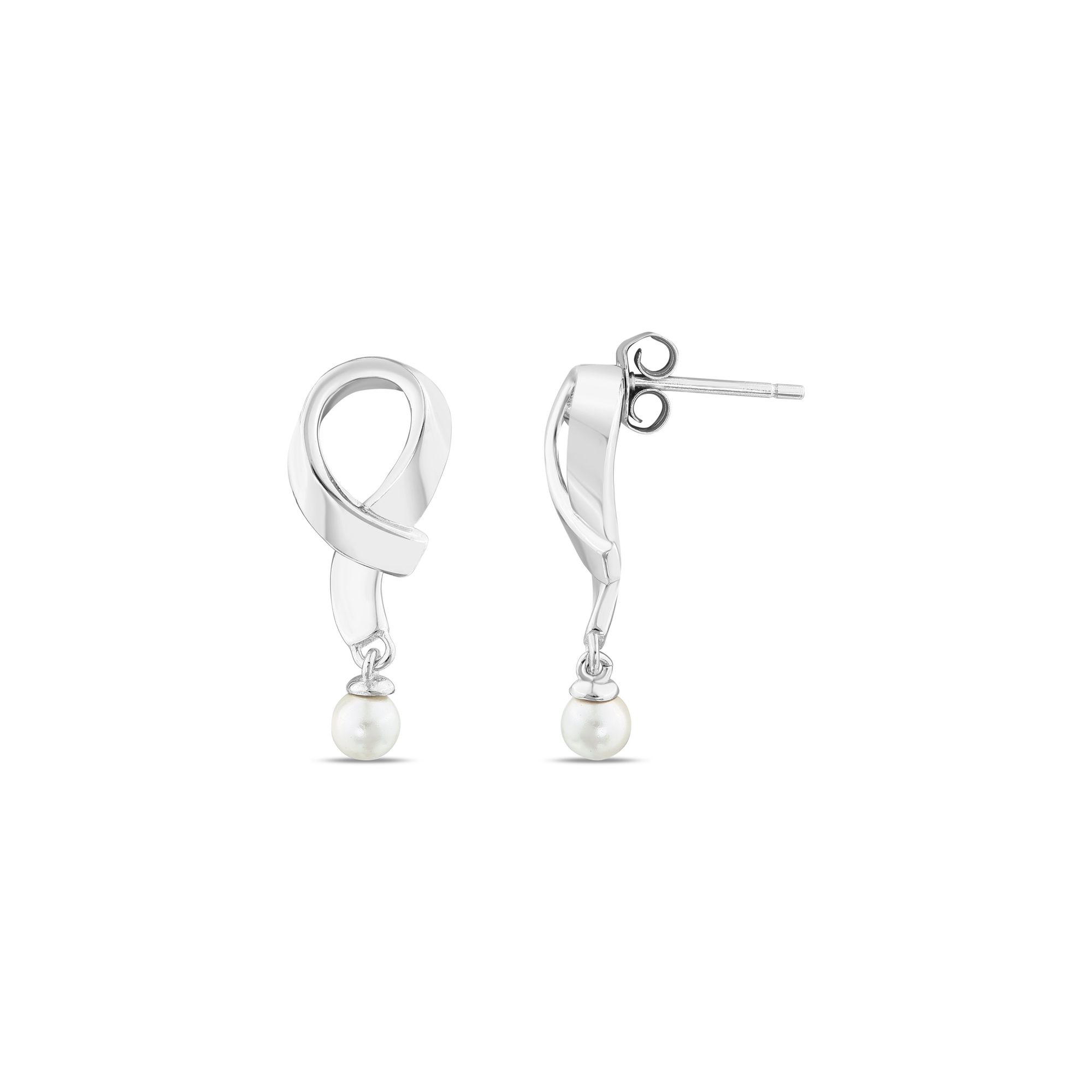 Gift Collection Dangle Pearl Detailed Abstract Loop Silver Earrings