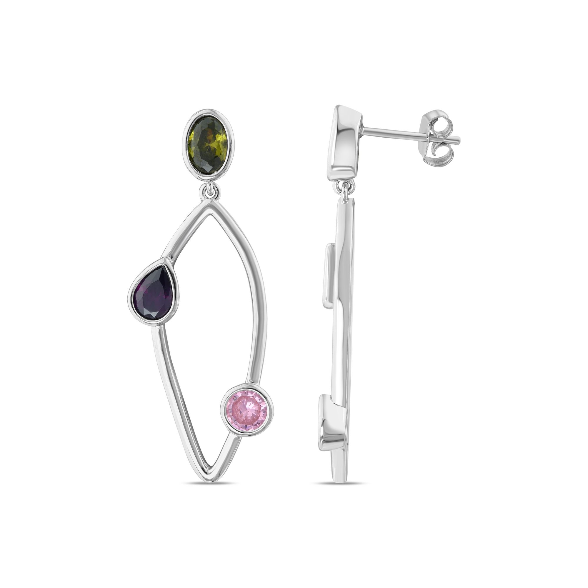Gift Collection Three-Tone Stone Dangle Silver Earrings