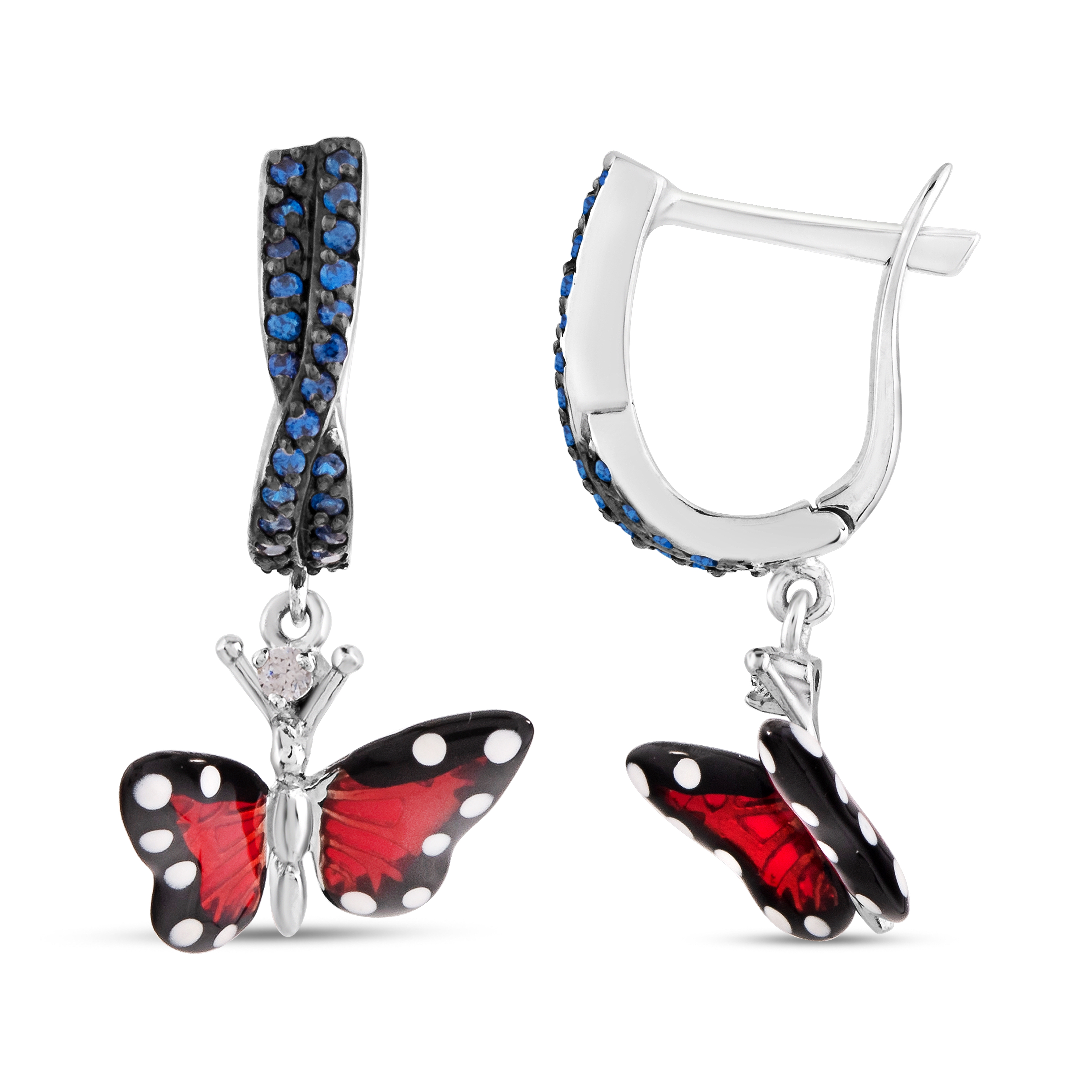 Monarch Butterfly Silver Dangle Earrings with Blue Stone and Red Enamel Butterfly Figure