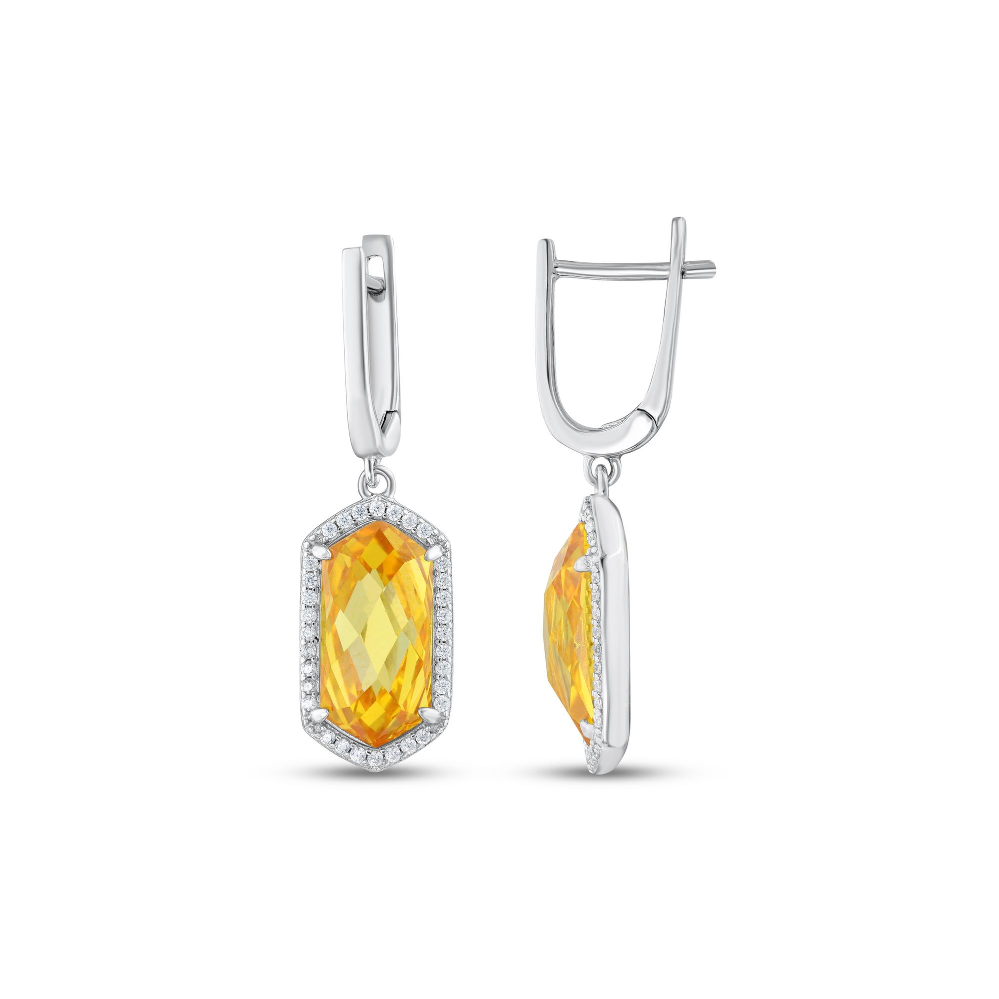 Baguette Collection Yellow Rectangular Cut Stone Framed Earring Silver Earring