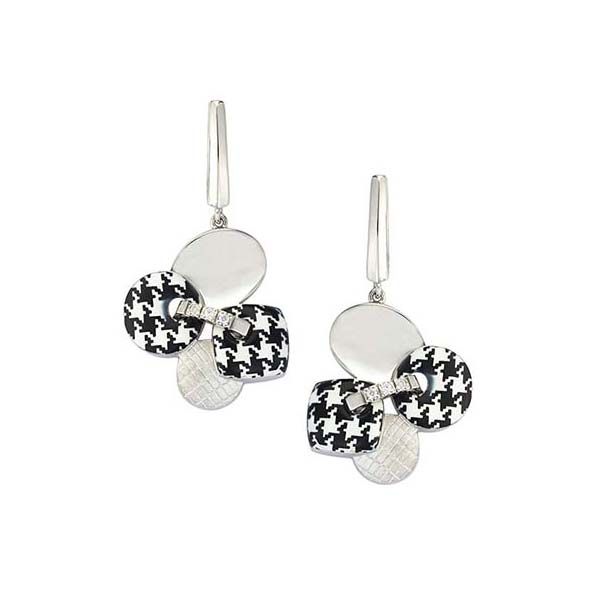 Pied De Poule Black and White Enamel Dangle Silver Earrings
