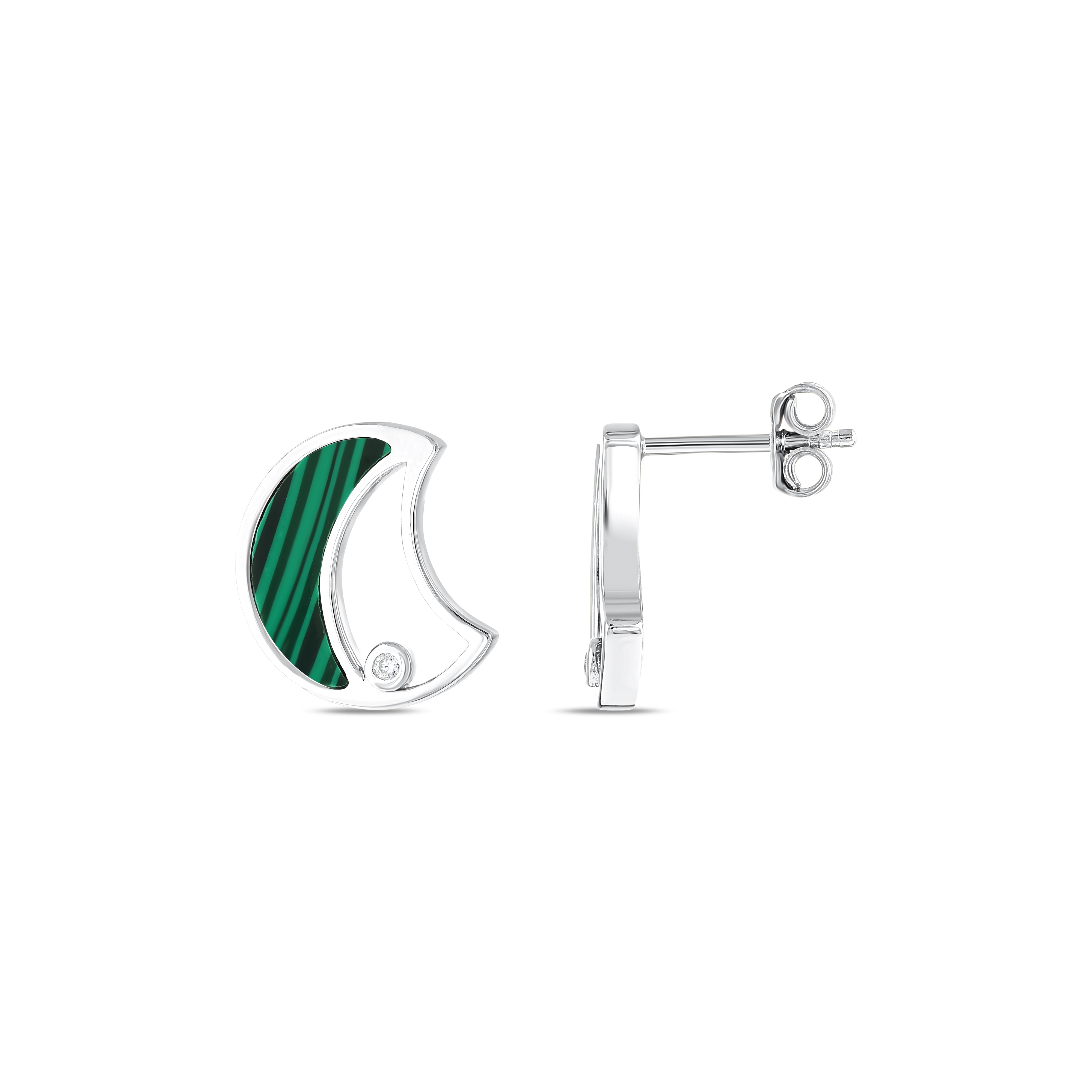 Lucky Gems Collection Malachite Stone Crescent Design Silver Earrings