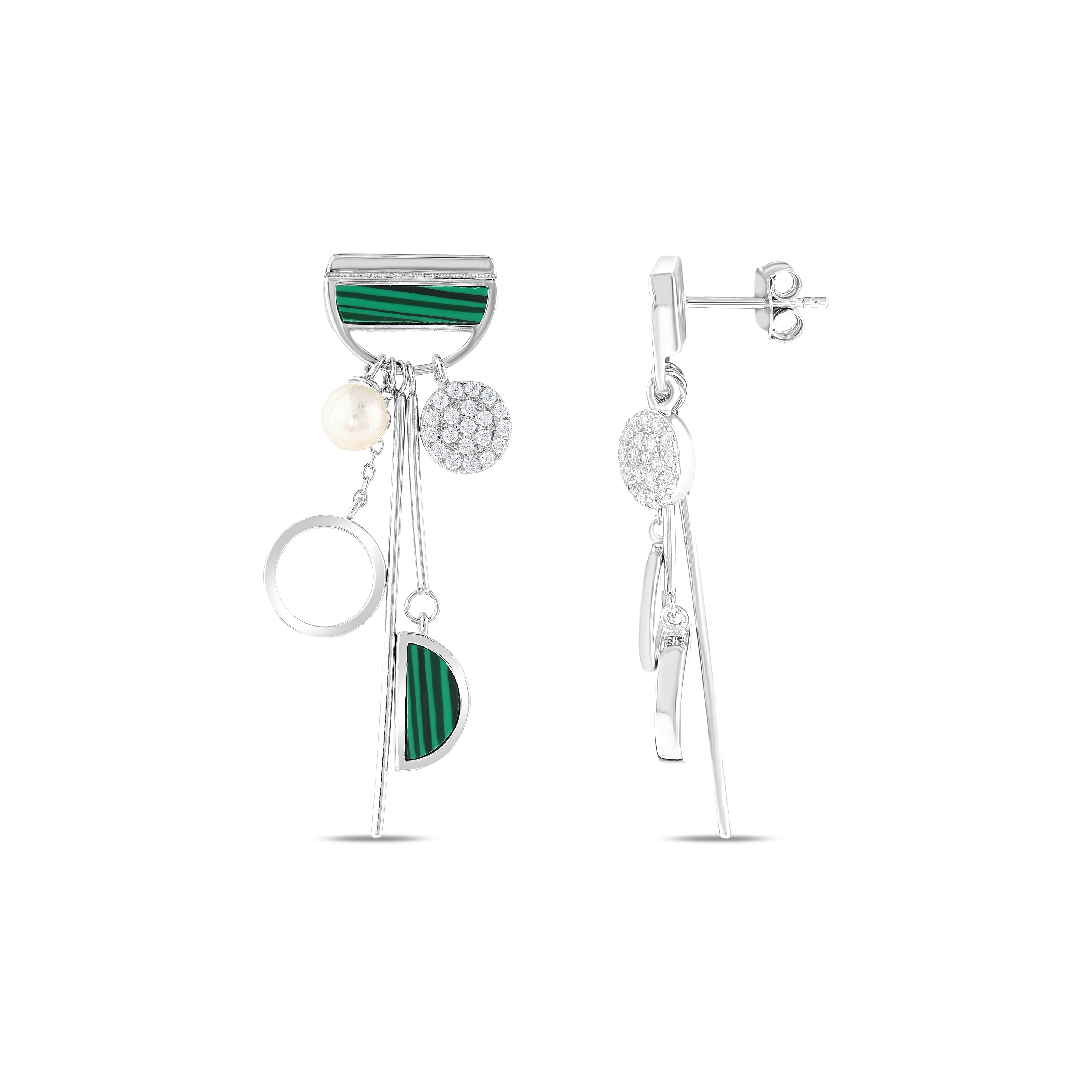 Lucky Gems Collection Malachite and Pearl Dangle Silver Earrings