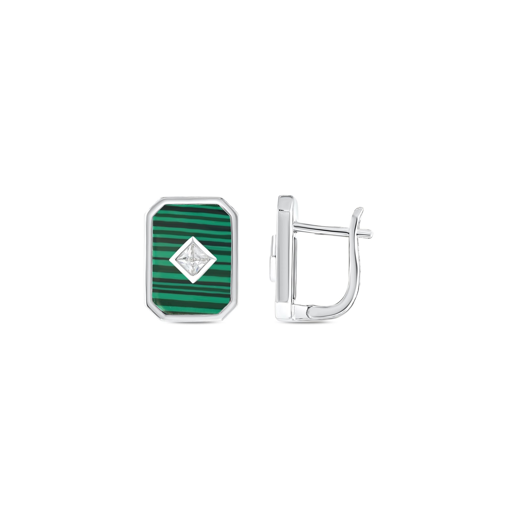 Lucky Gems Koleksiyonu Malahit Taşlı Dikdörtgen Gümüş Küpe