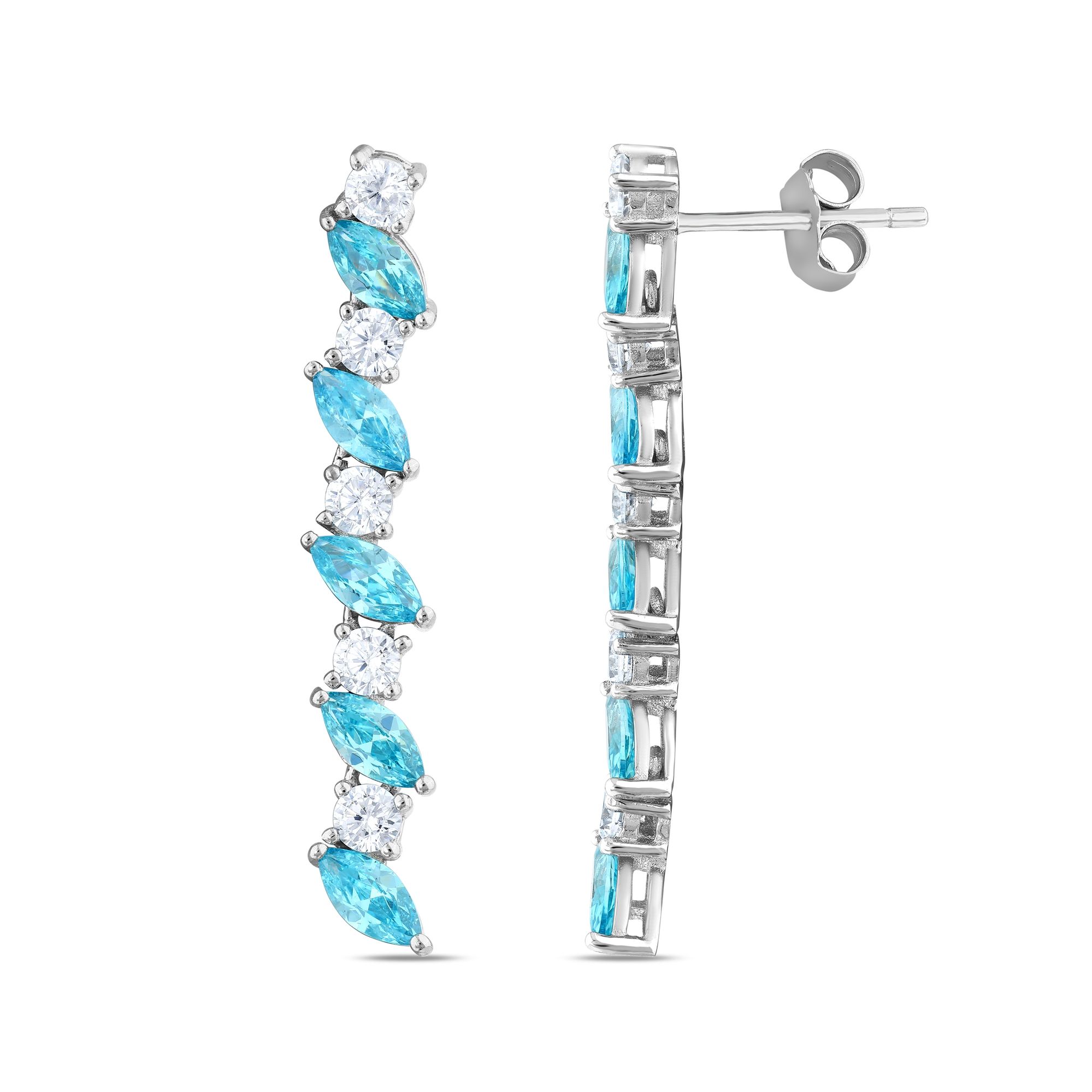 Baguette Collection Blue Marquise and White Stone Dangle Silver Earrings