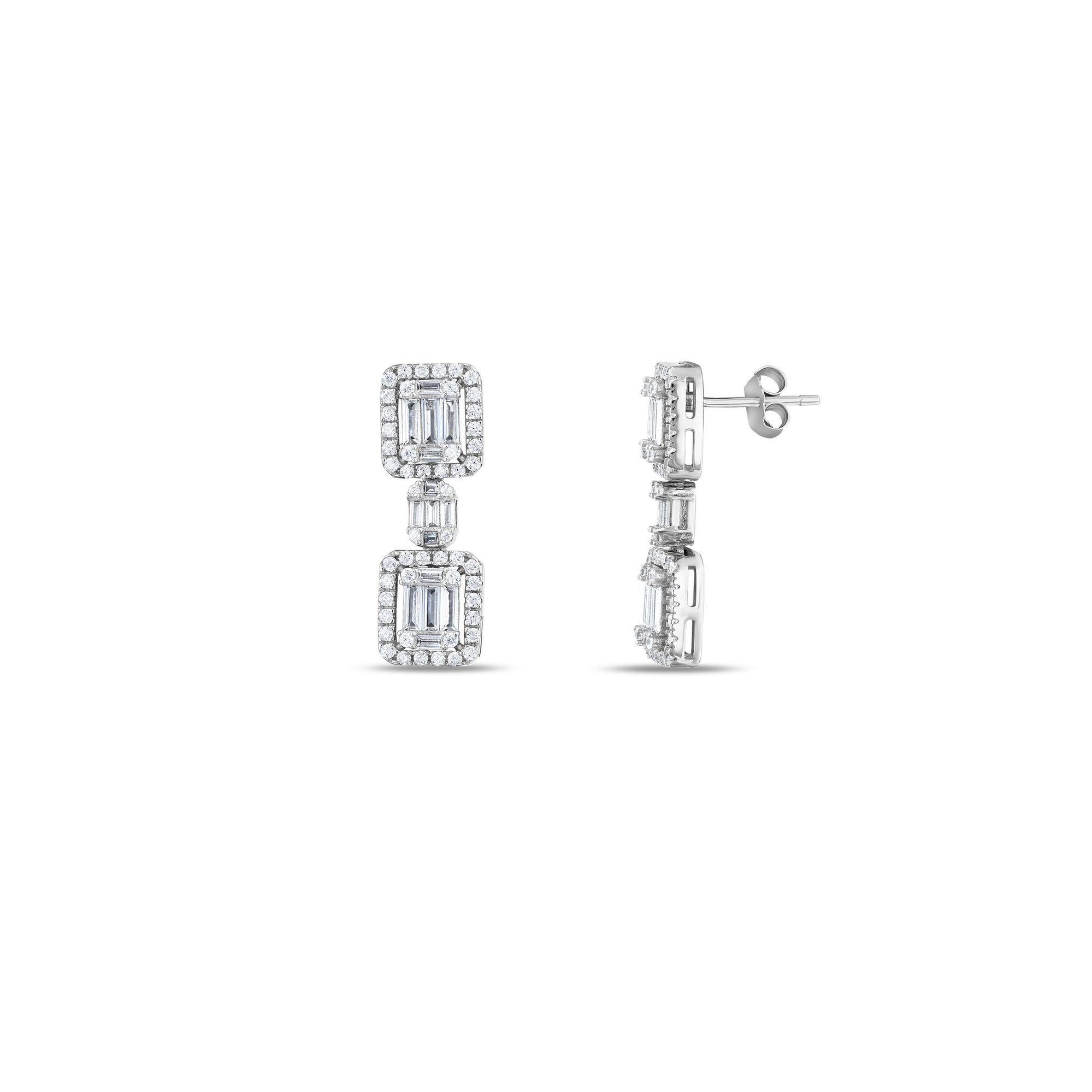 Baguette Collection Double Baguette Cut Silver Earrings