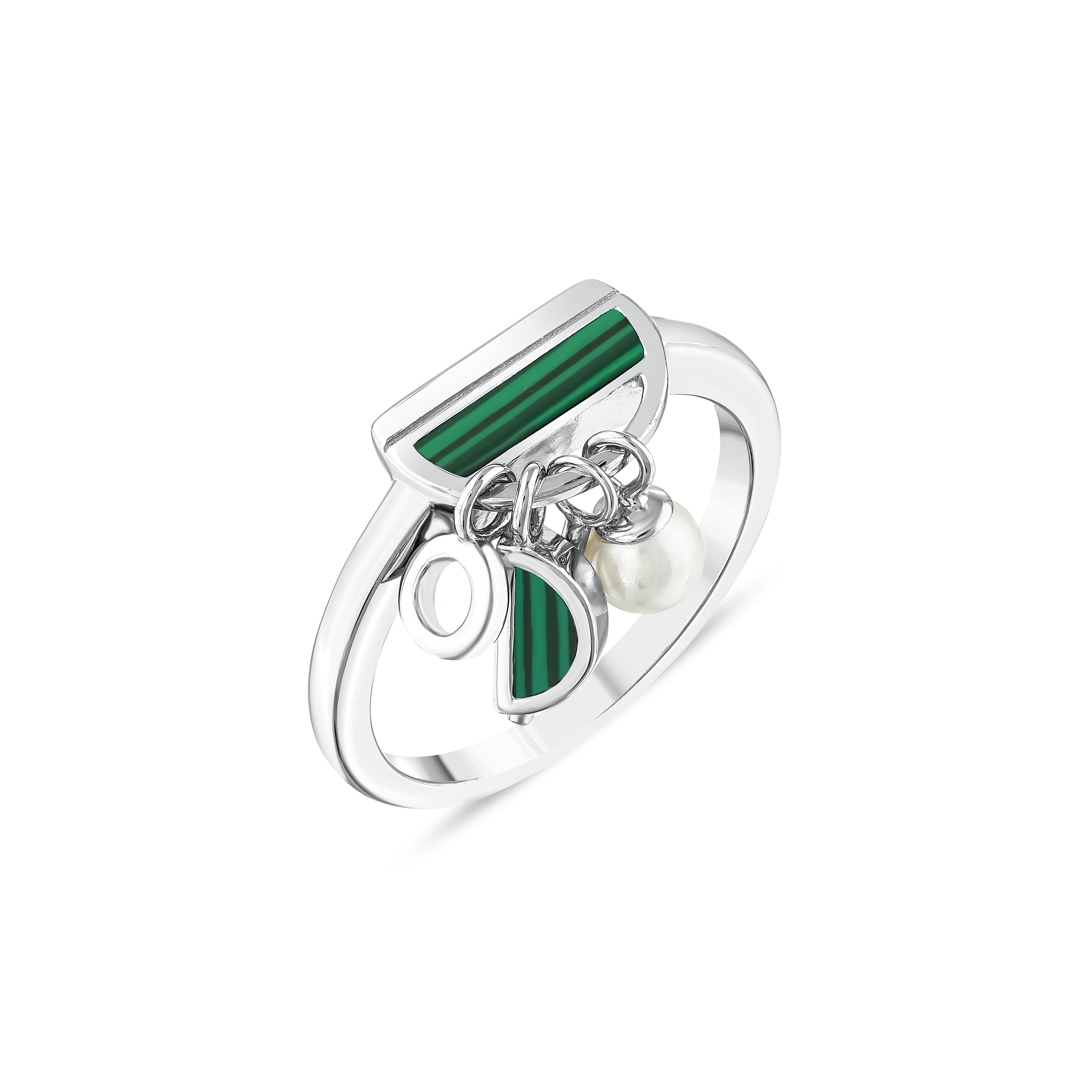 Lucky Gems Collection Malachite and Pearl Dangle Silver Ring