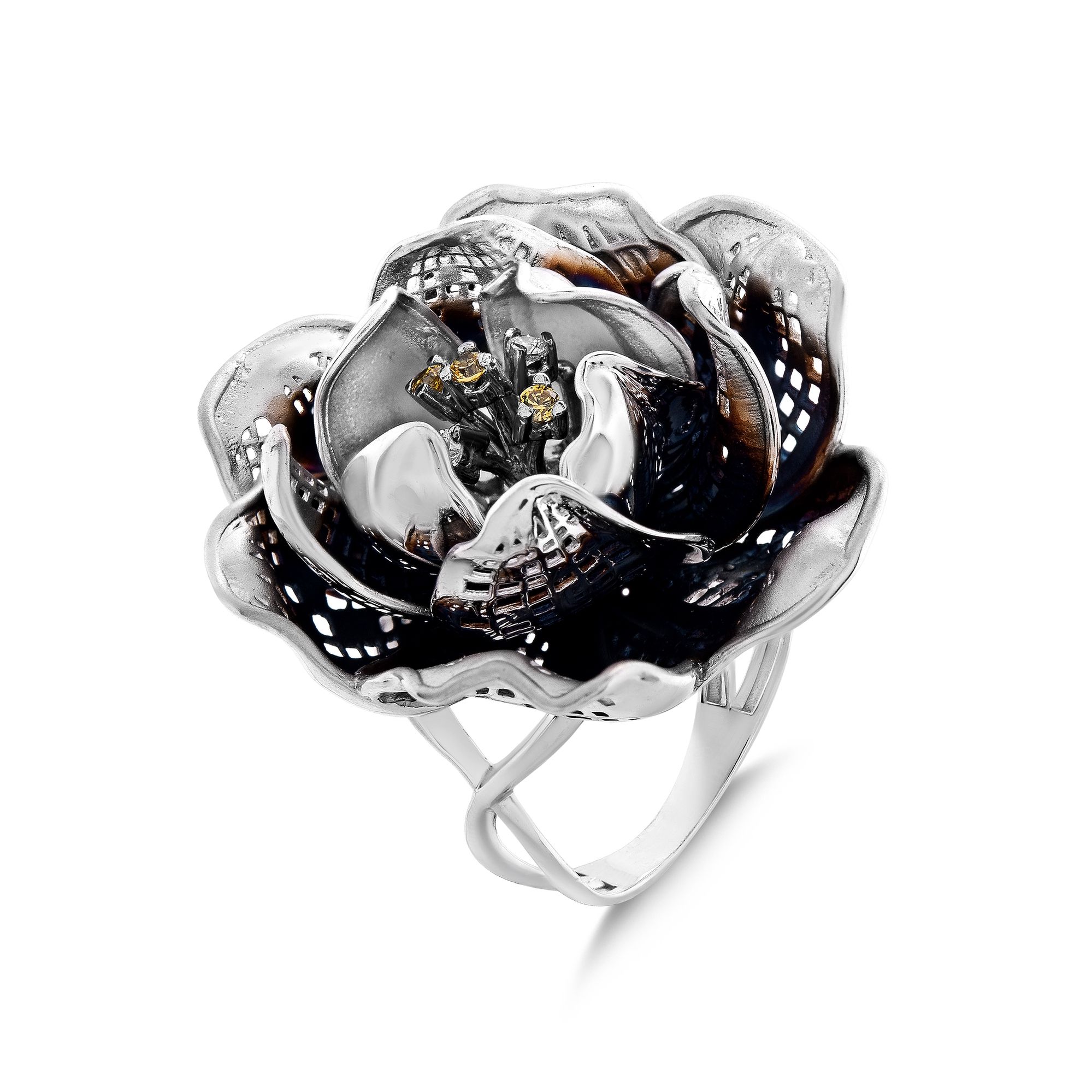 Gallica Black Detailed 3D Voluminous Flower Figure Silver Ring