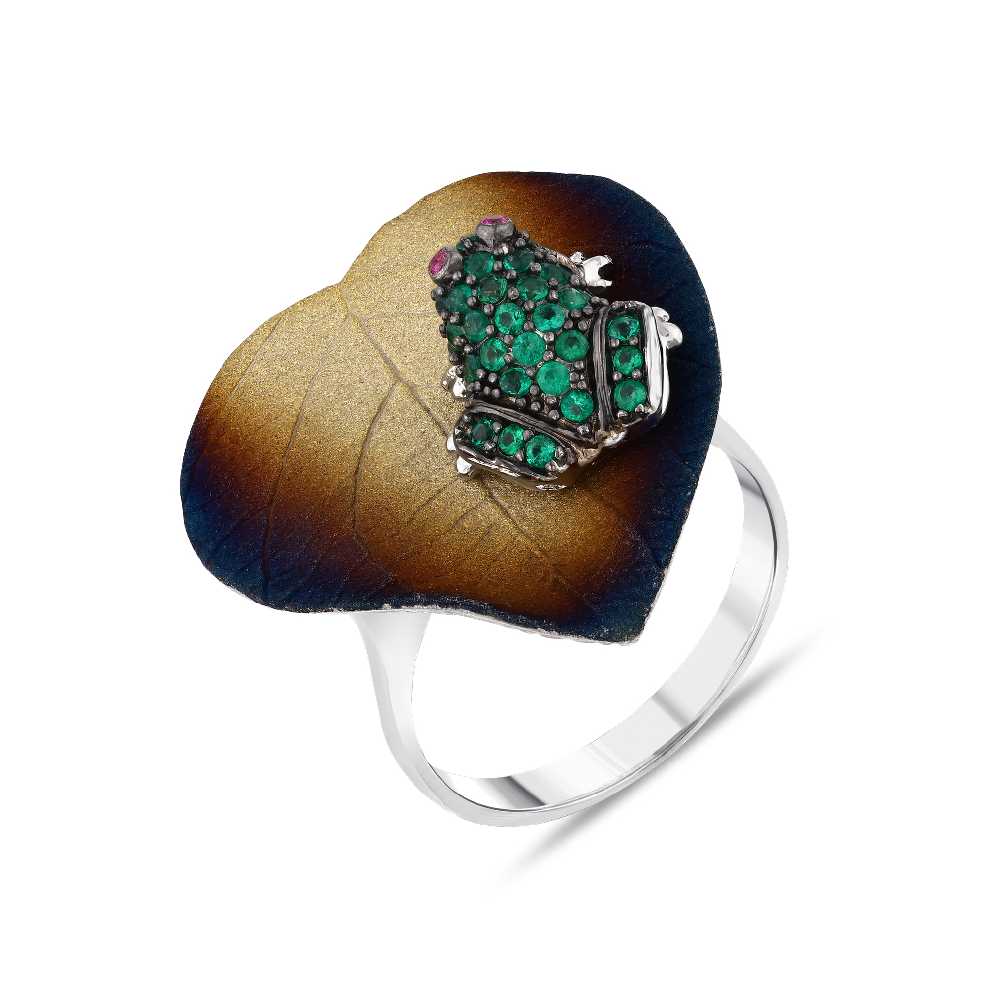 Global Warming Burnt Enamel Green Stone Frog Figure Heart Ring